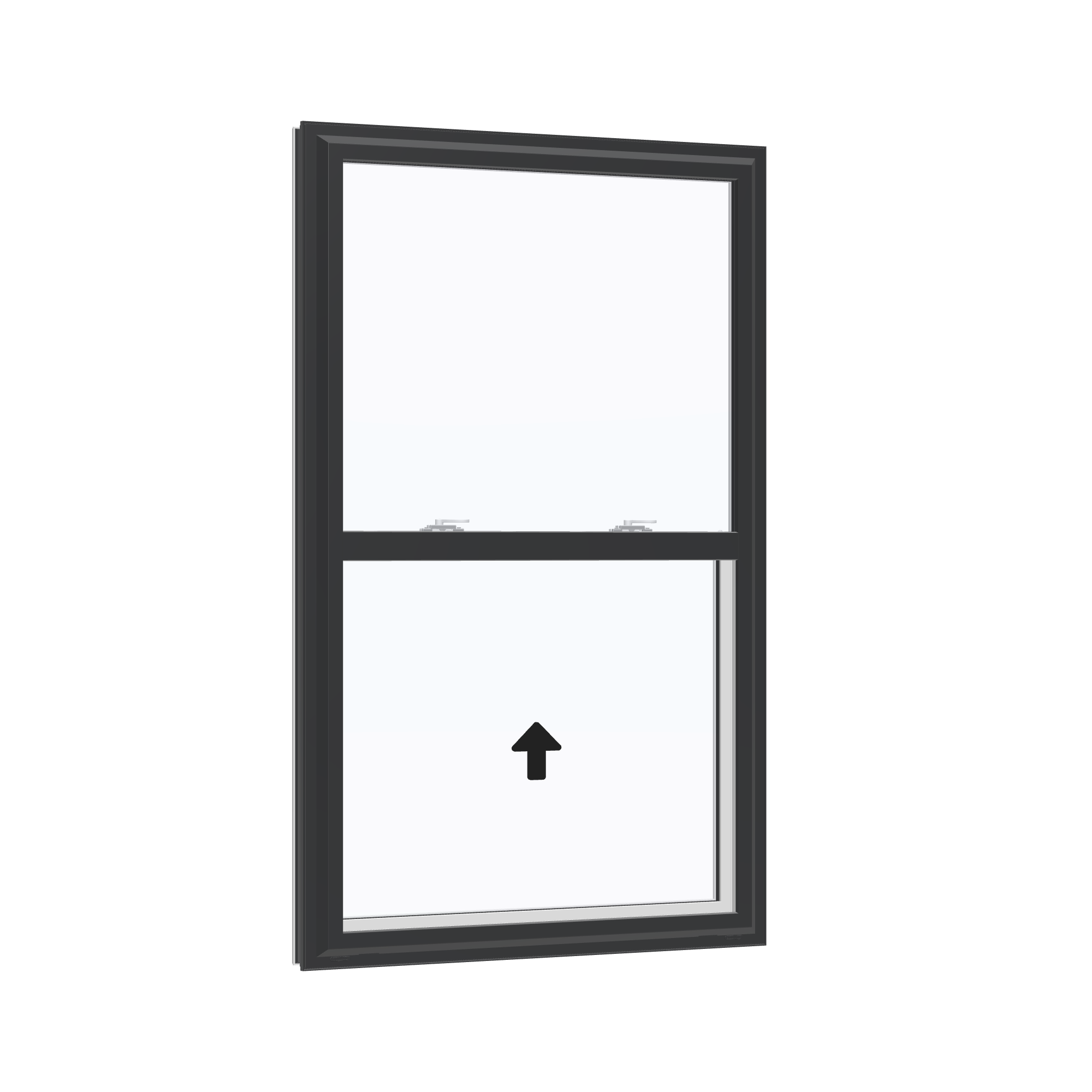 Opposite exterior angle of the 32 × 54 inch single hung, black exterior / white interior, without nailing flange