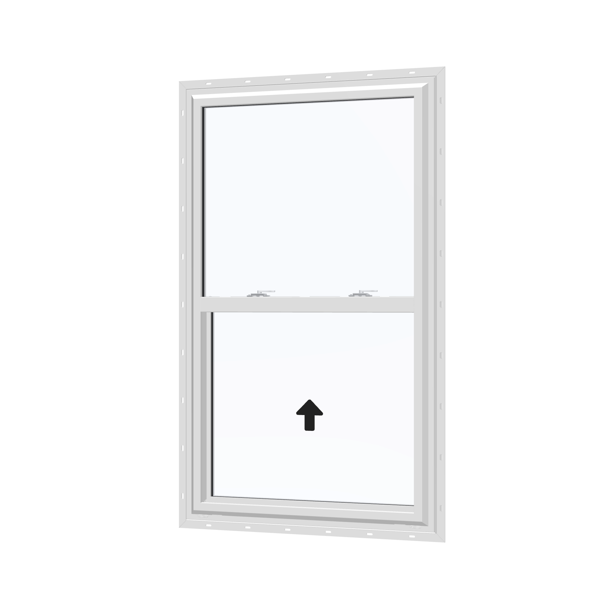 Angled exterior view with opening symbols of the 32 × 54 inch single hung, white exterior / white interior, with nailing flange