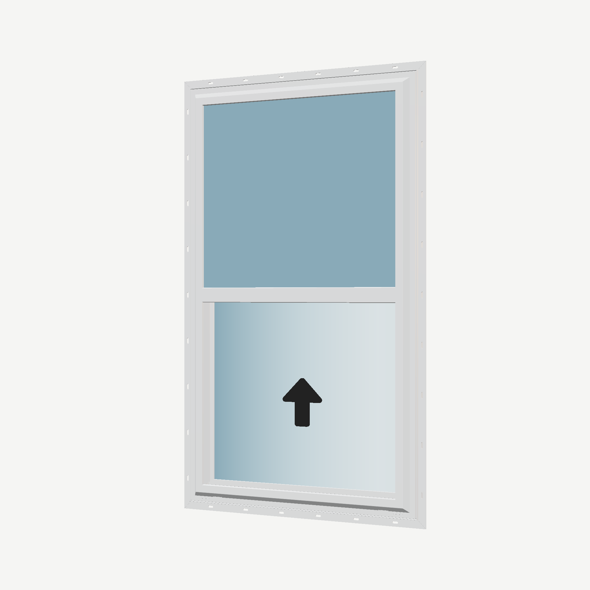Angled exterior view with opening symbols of the 32 × 54 inch single hung, white exterior / white interior, with nailing flange