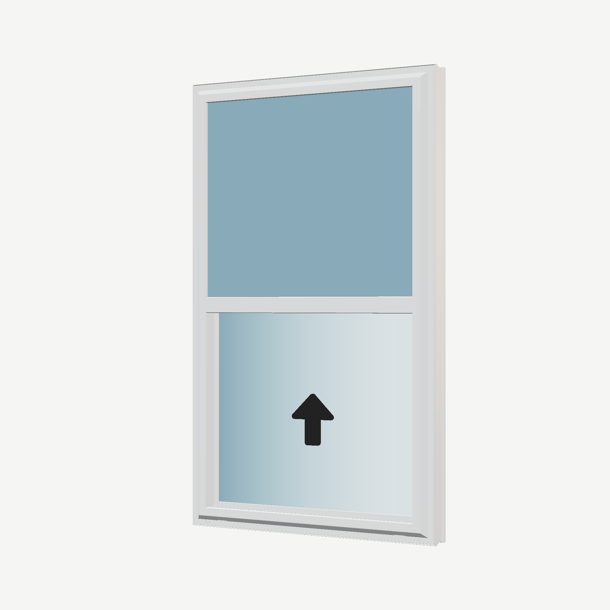 Angled exterior view with opening symbols of the 32 × 54 inch single hung, white exterior / white interior, without nailing flange