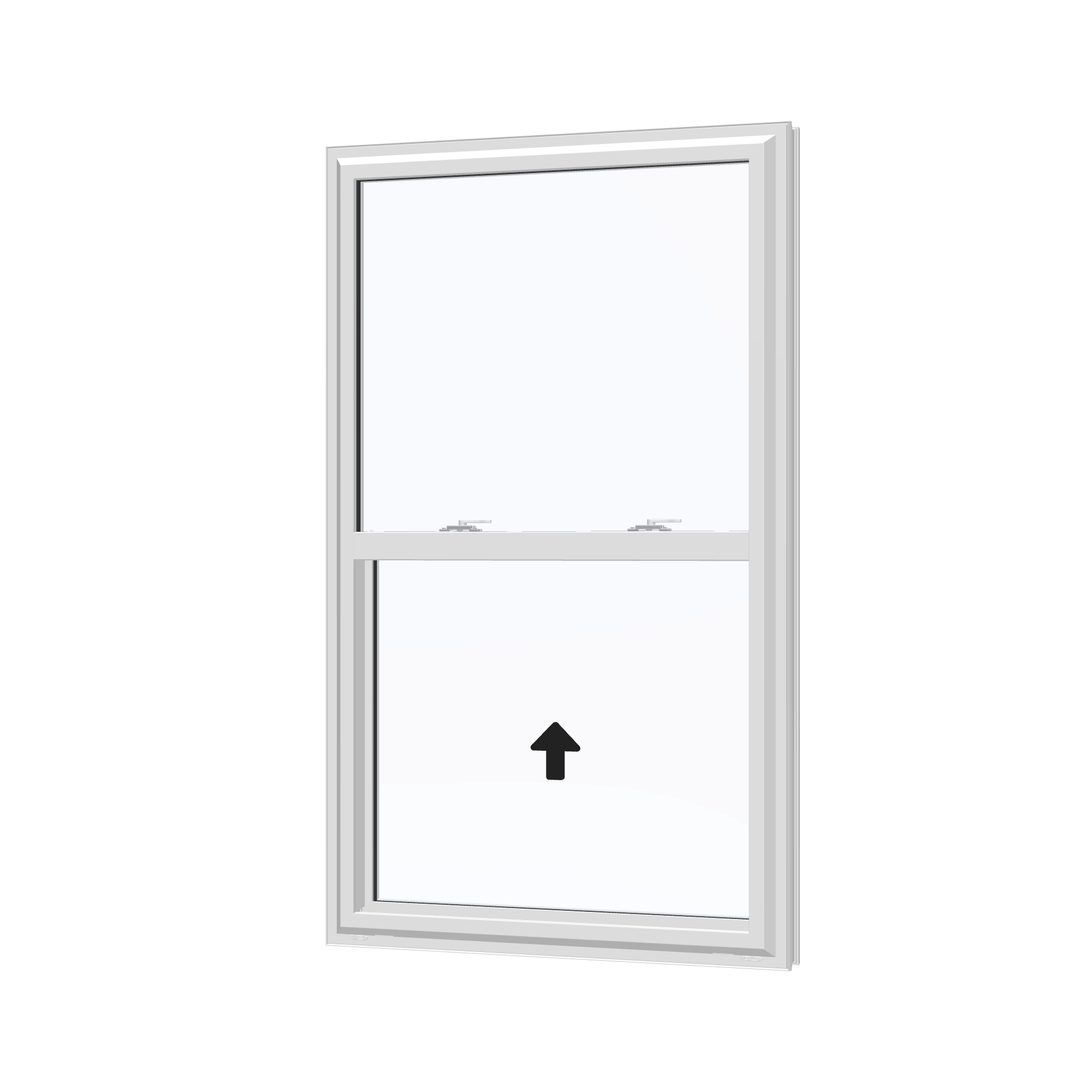 Angled exterior view with opening symbols of the 32 × 54 inch single hung, white exterior / white interior, without nailing flange