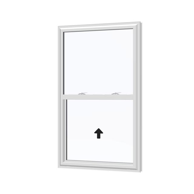 Angled exterior view with opening symbols of the 32 × 54 inch single hung, white exterior / white interior, without nailing flange