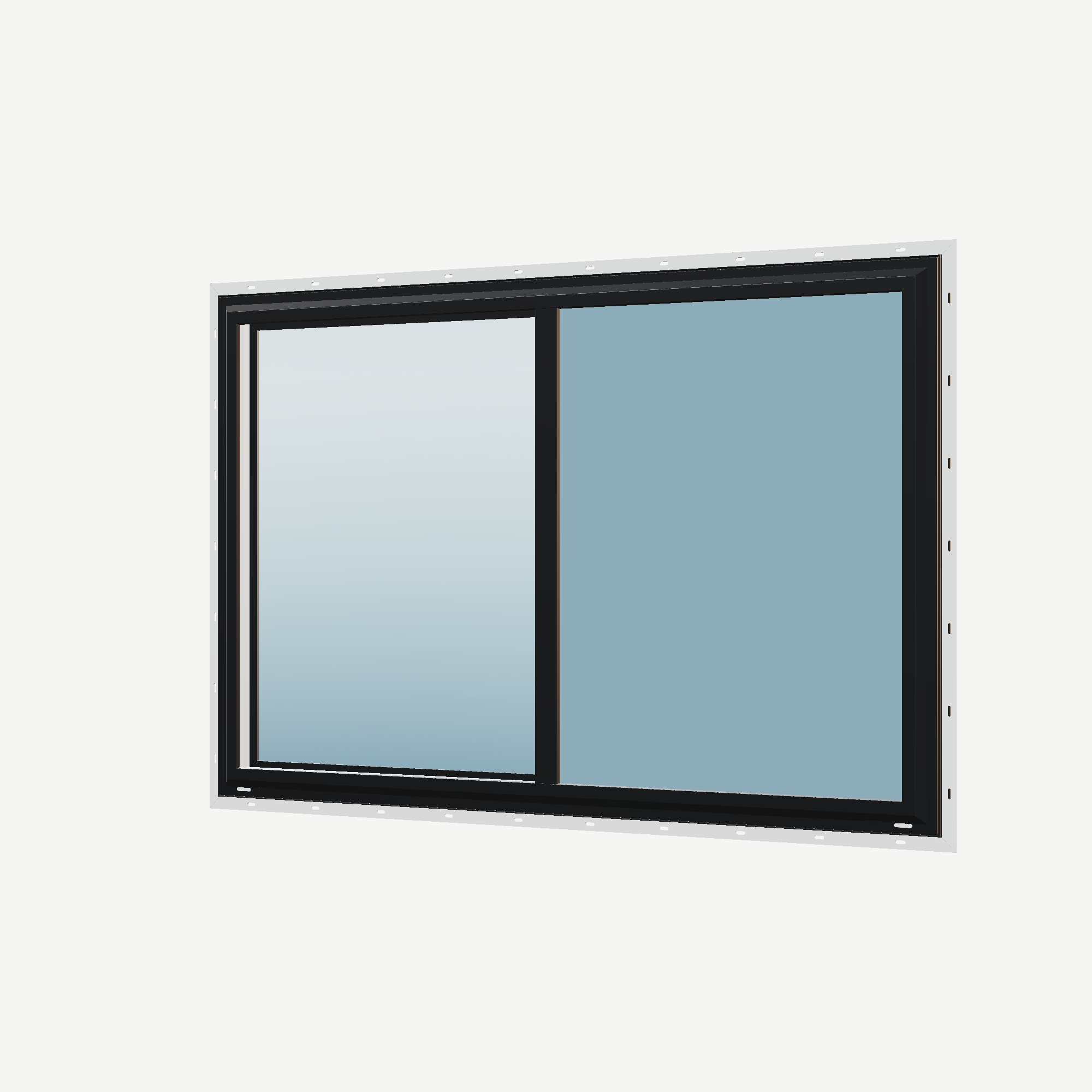 Angled exterior view of the 60 × 40 inch single slider, black exterior / white interior, with nailing flange