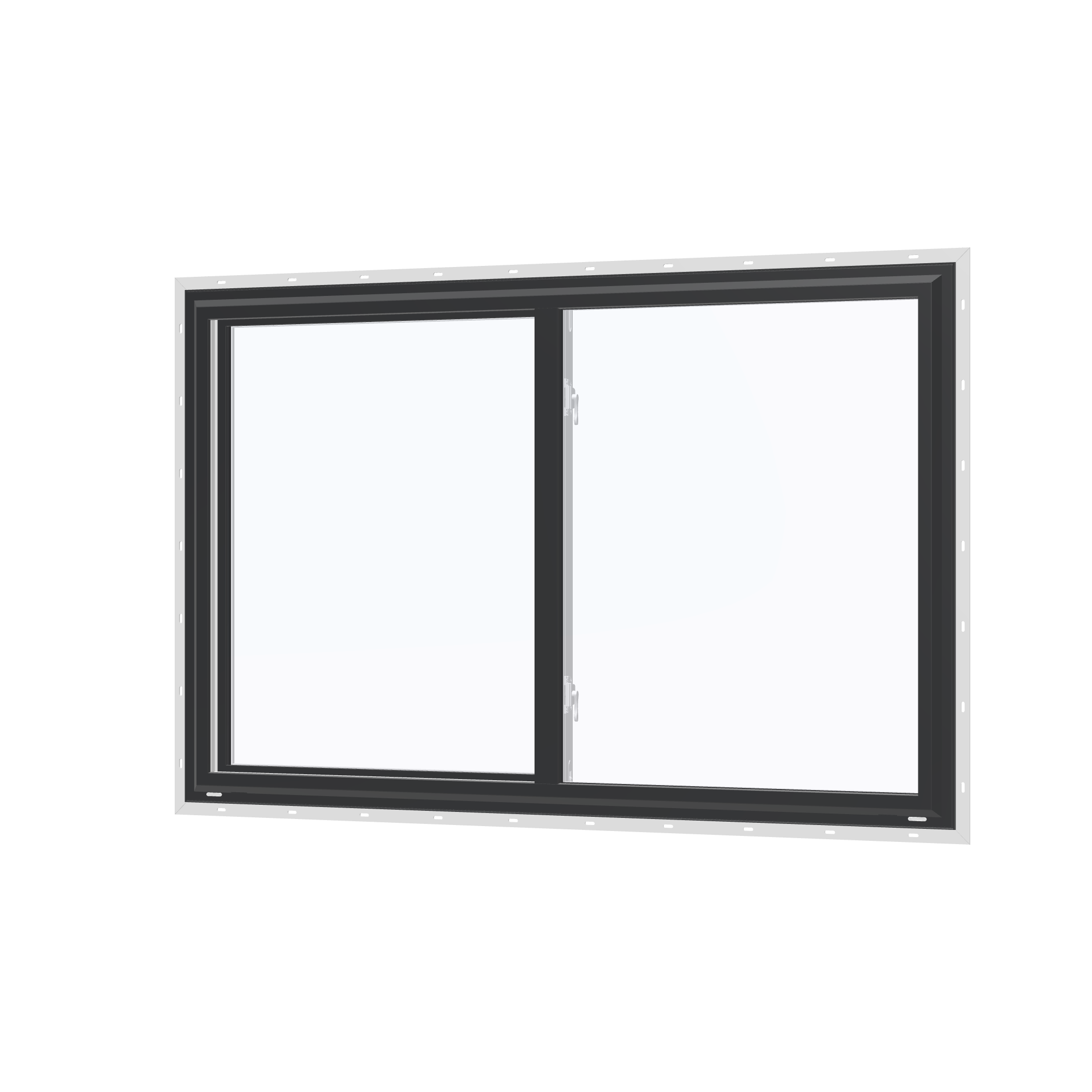 Angled exterior view of the 60 × 40 inch single slider, black exterior / white interior, with nailing flange