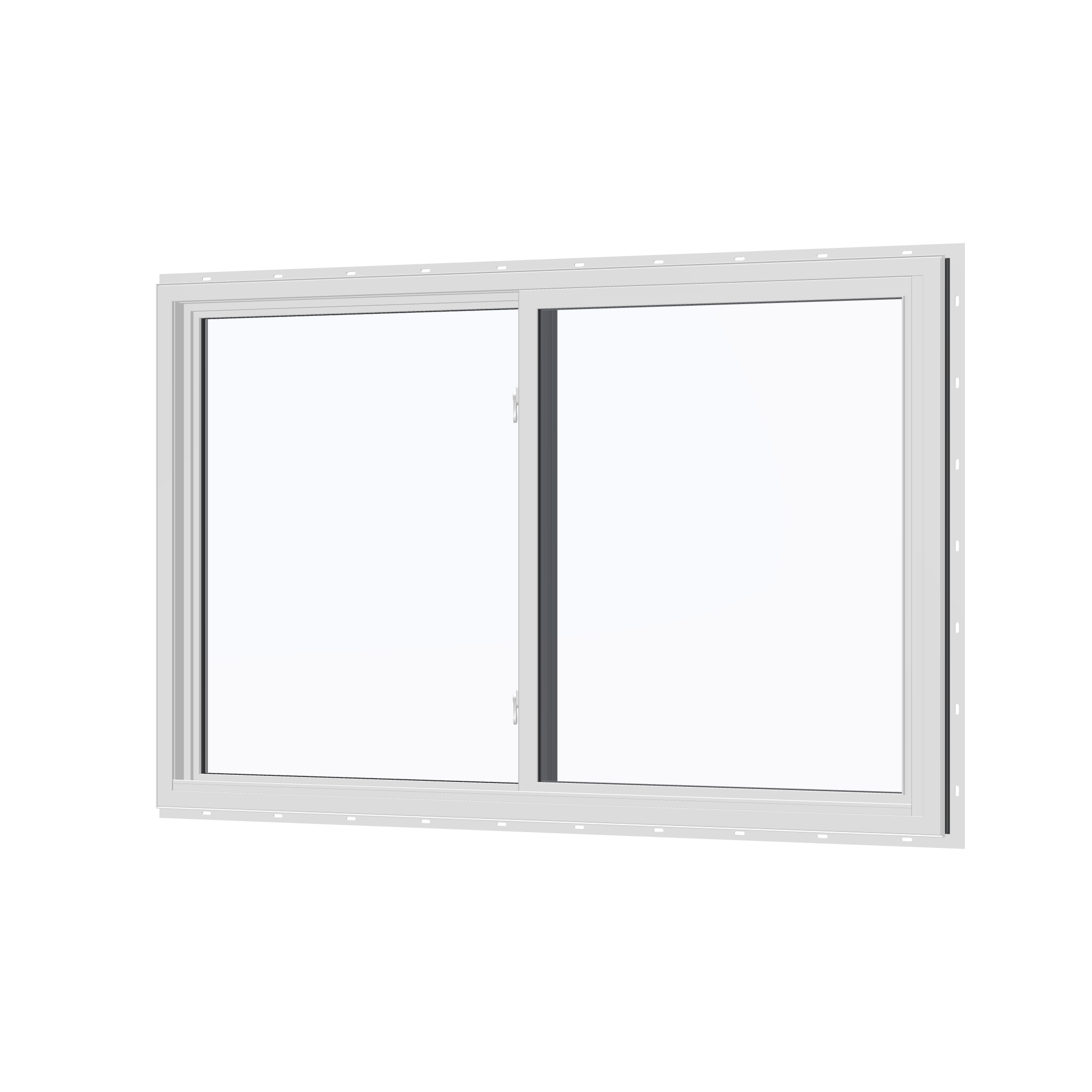 Angled interior view of the 60 × 40 inch single slider, black exterior / white interior, with nailing flange