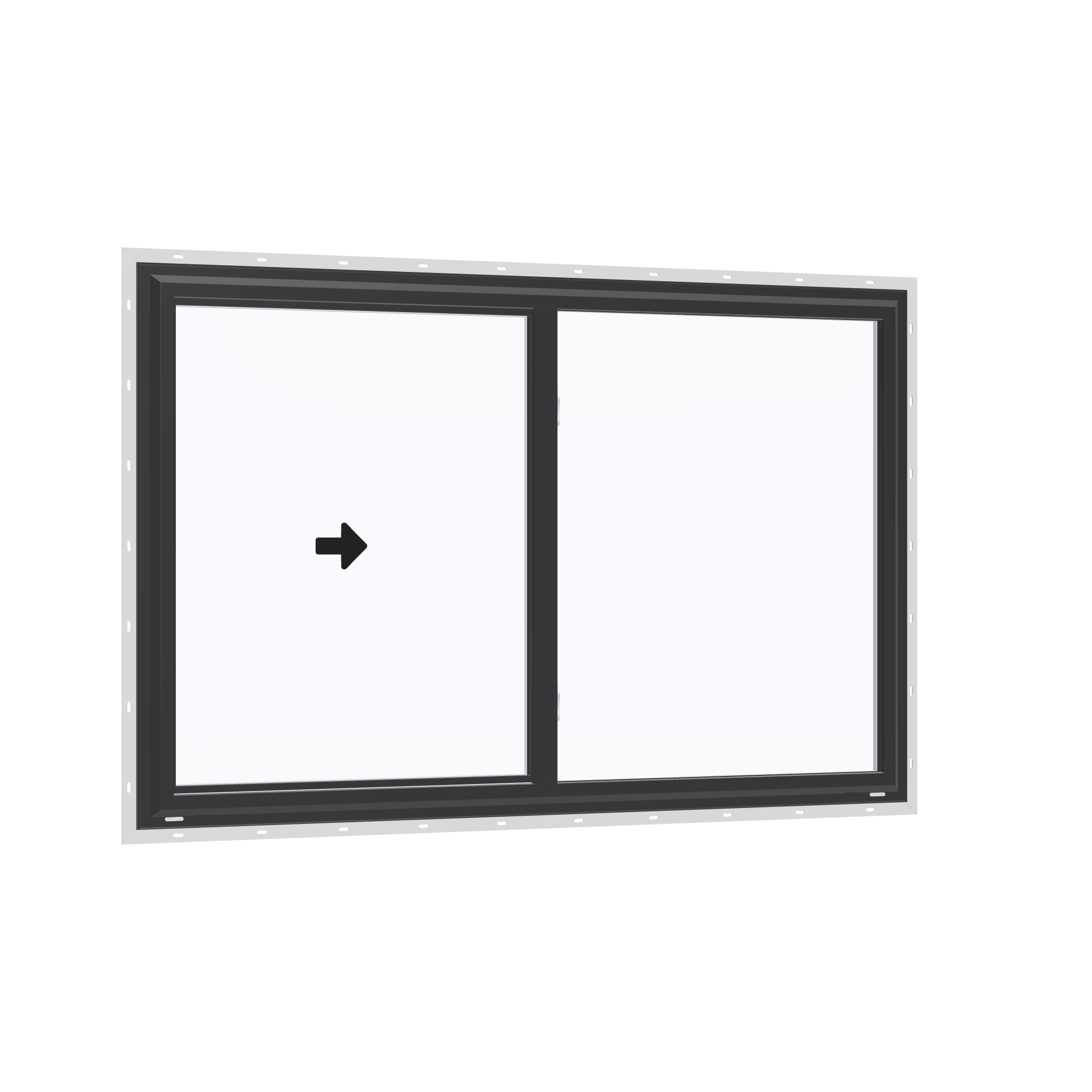 Opposite exterior angle of the 60 × 40 inch single slider, black exterior / white interior, with nailing flange