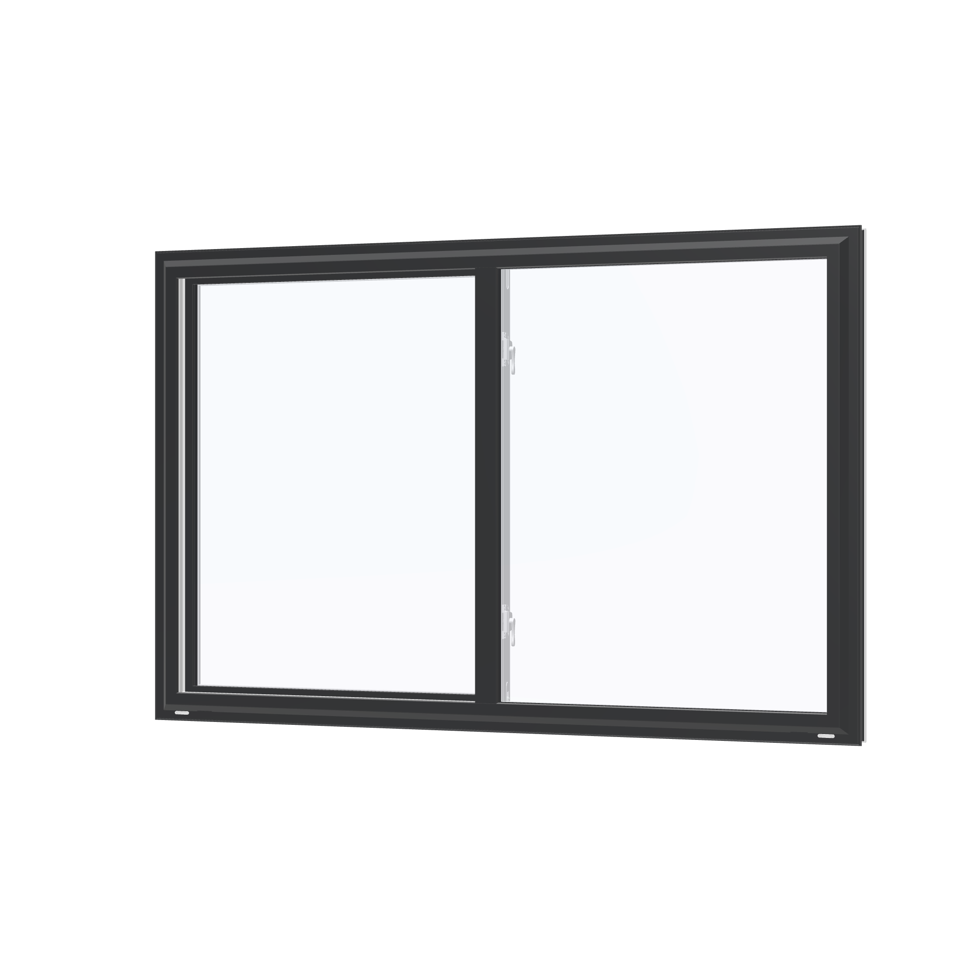 Angled exterior view of the 60 × 40 inch single slider, black exterior / white interior, without nailing flange