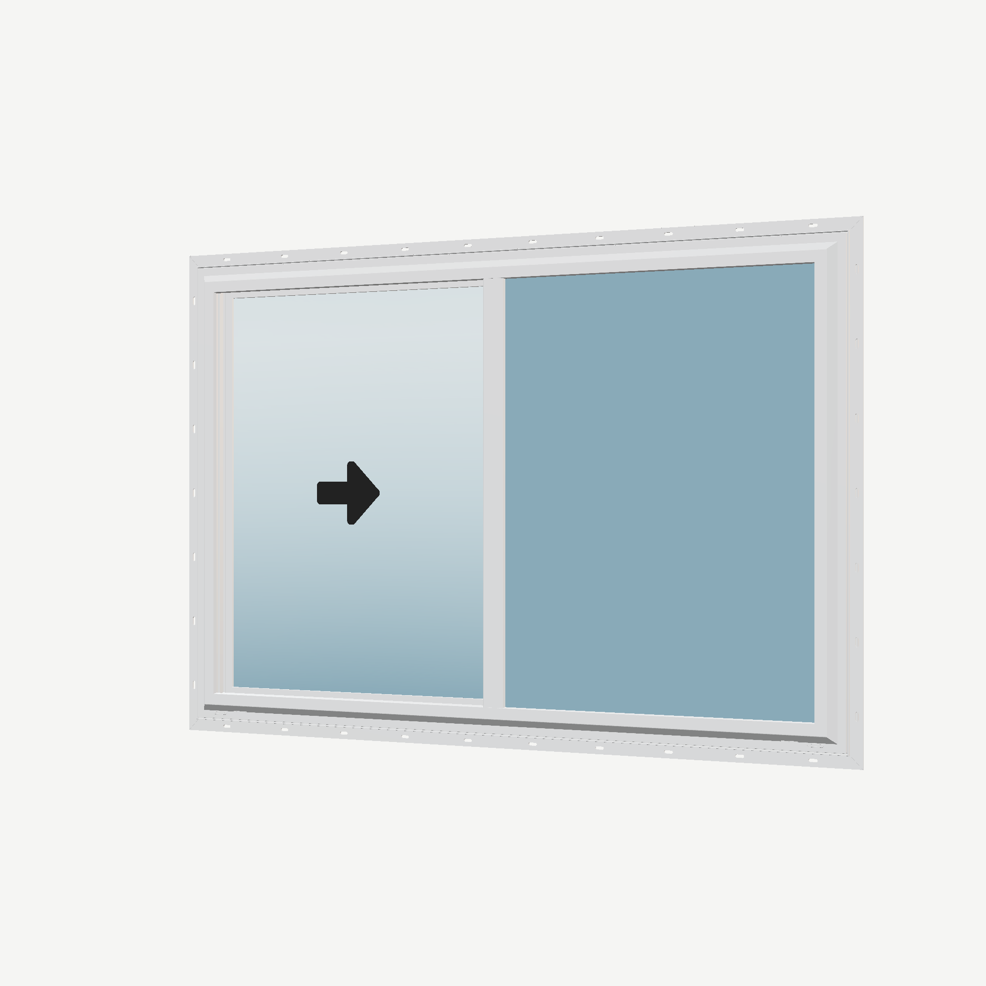 Angled exterior view with opening symbols of the 60 × 40 inch single slider, white exterior / white interior, with nailing flange