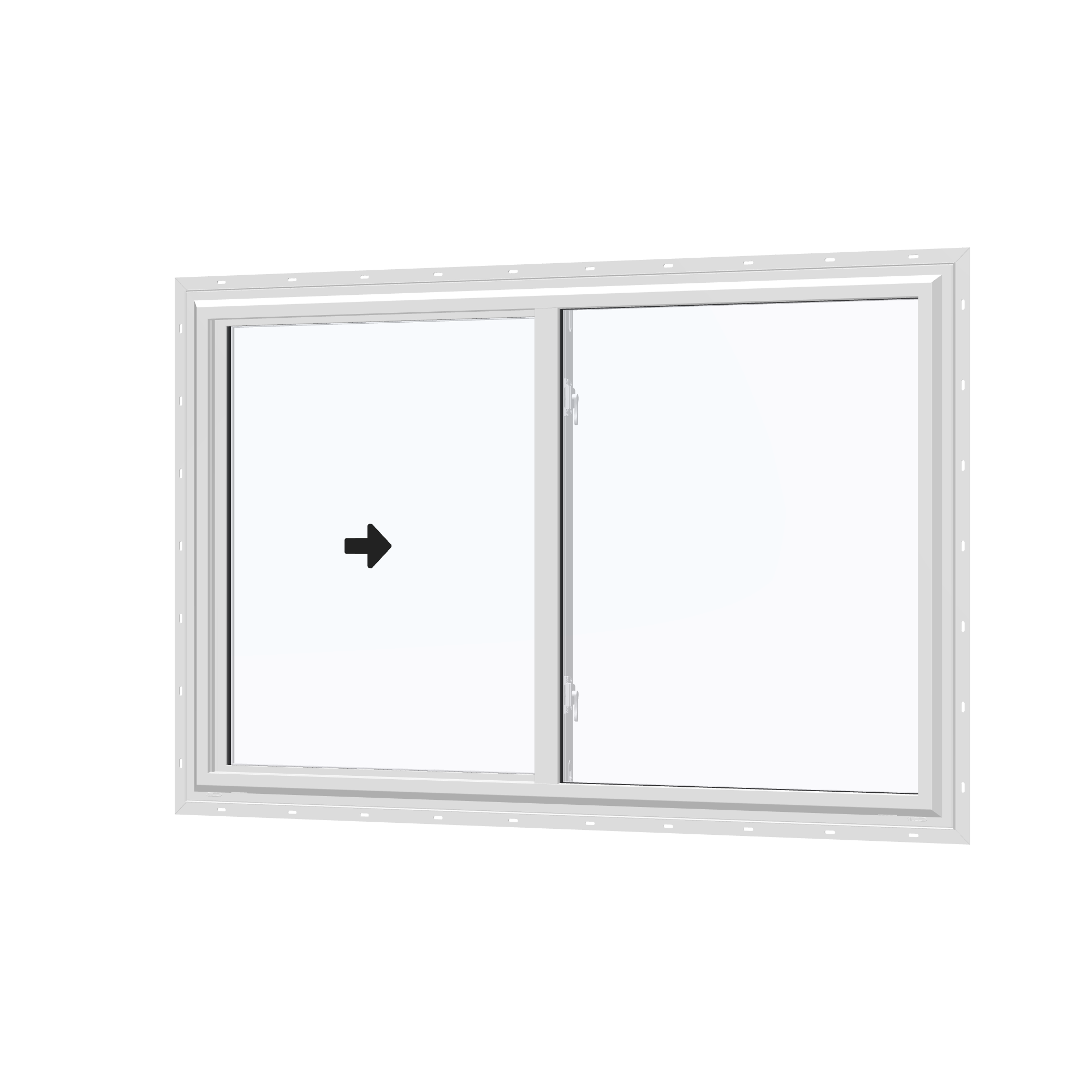 Angled exterior view with opening symbols of the 60 × 40 inch single slider, white exterior / white interior, with nailing flange