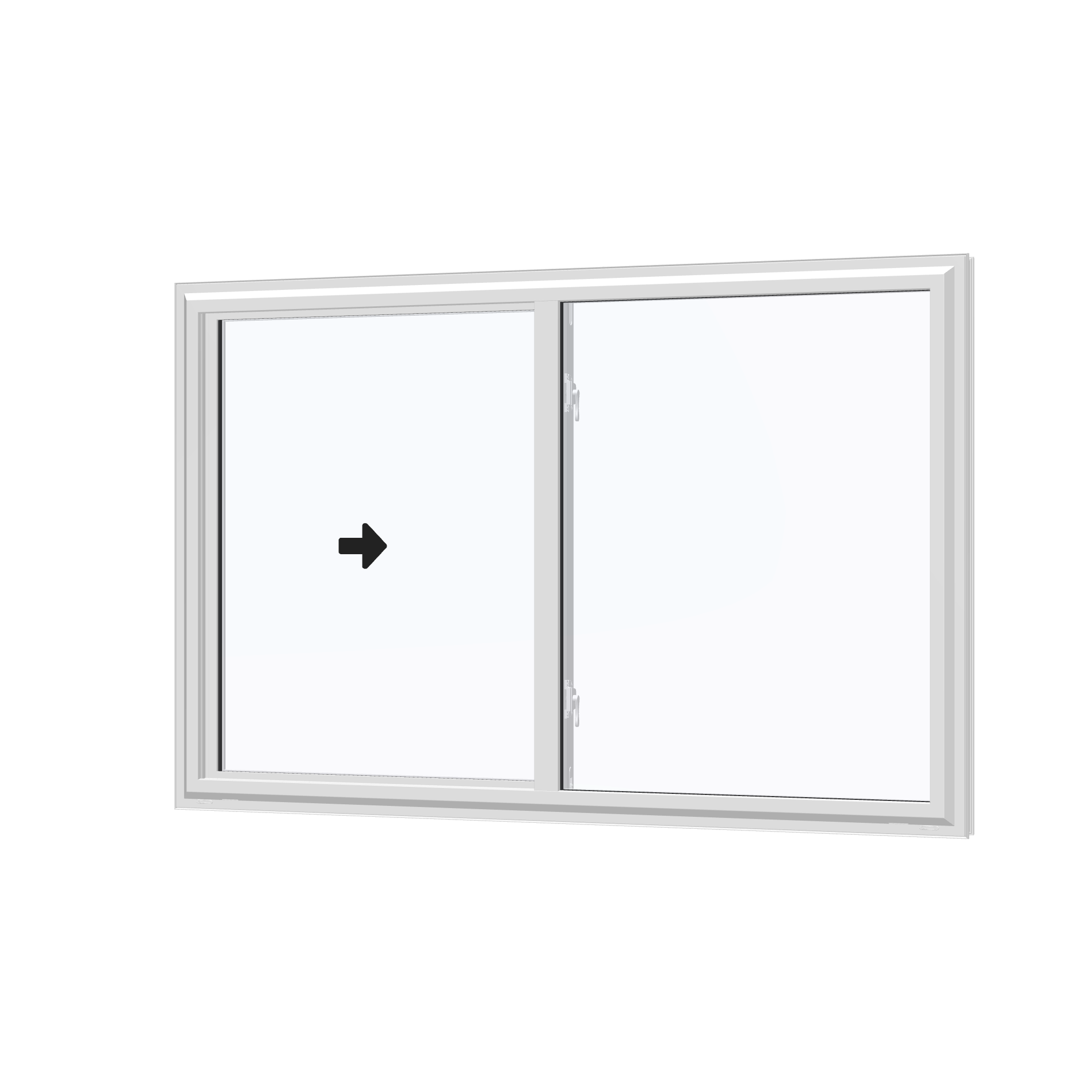 Angled exterior view with opening symbols of the 60 × 40 inch single slider, white exterior / white interior, without nailing flange