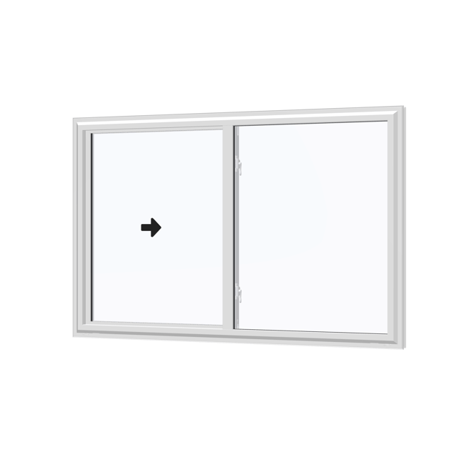 Angled exterior view with opening symbols of the 60 × 40 inch single slider, white exterior / white interior, without nailing flange