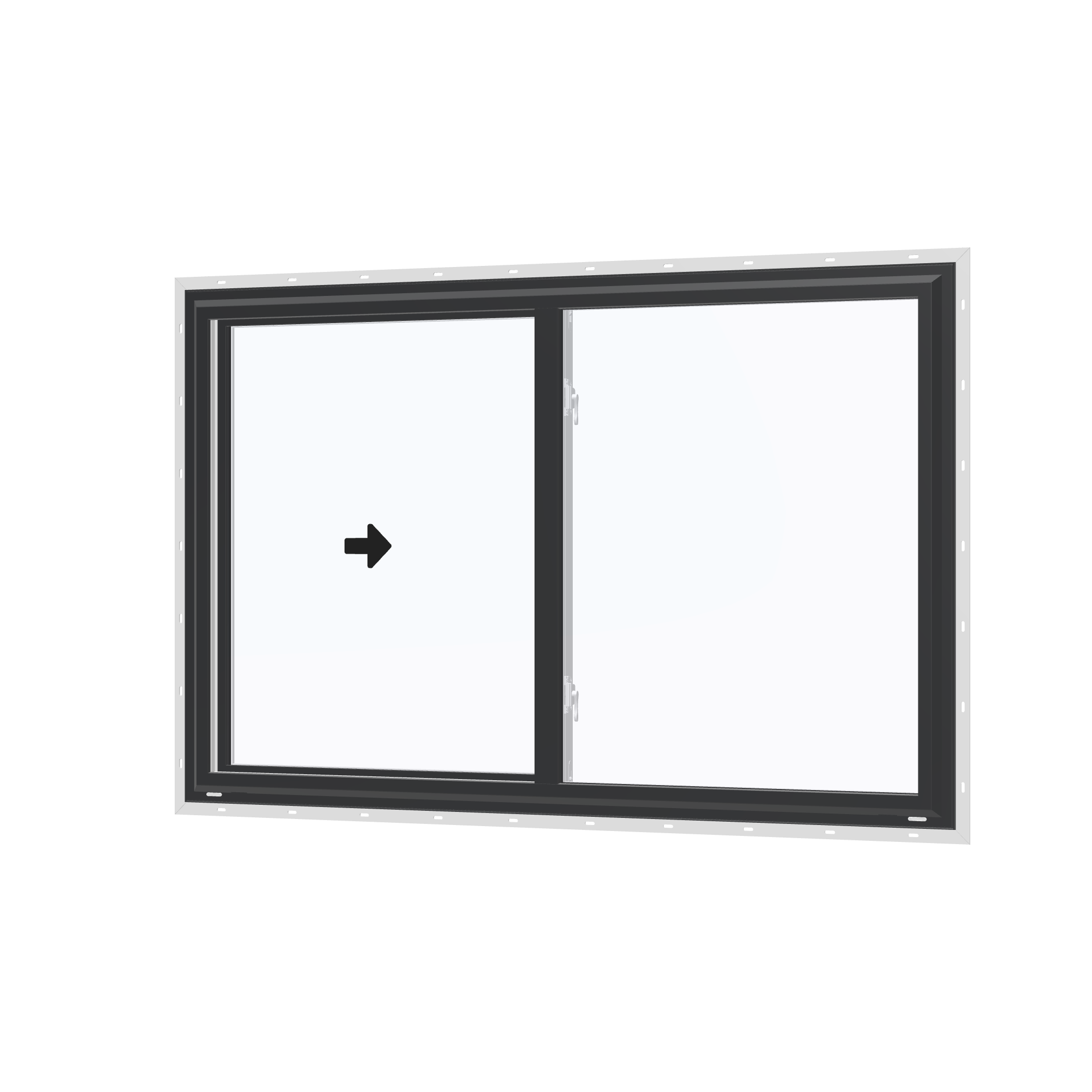 Angled exterior view with opening symbols of the 60 × 40 inch single slider with tilt, black exterior / white interior, with nailing flange