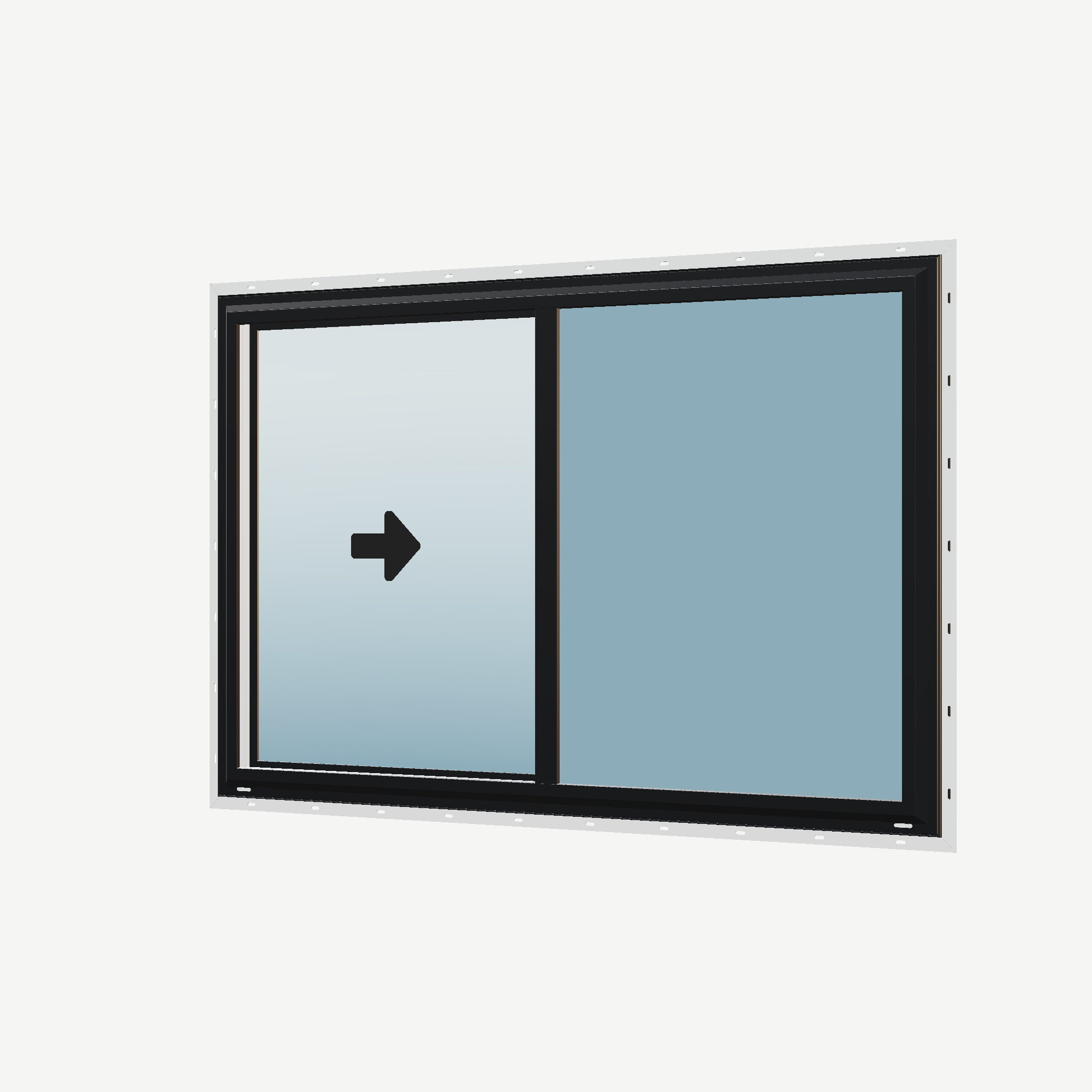 Angled exterior view with opening symbols of the 60 × 40 inch single slider with tilt, black exterior / white interior, with nailing flange