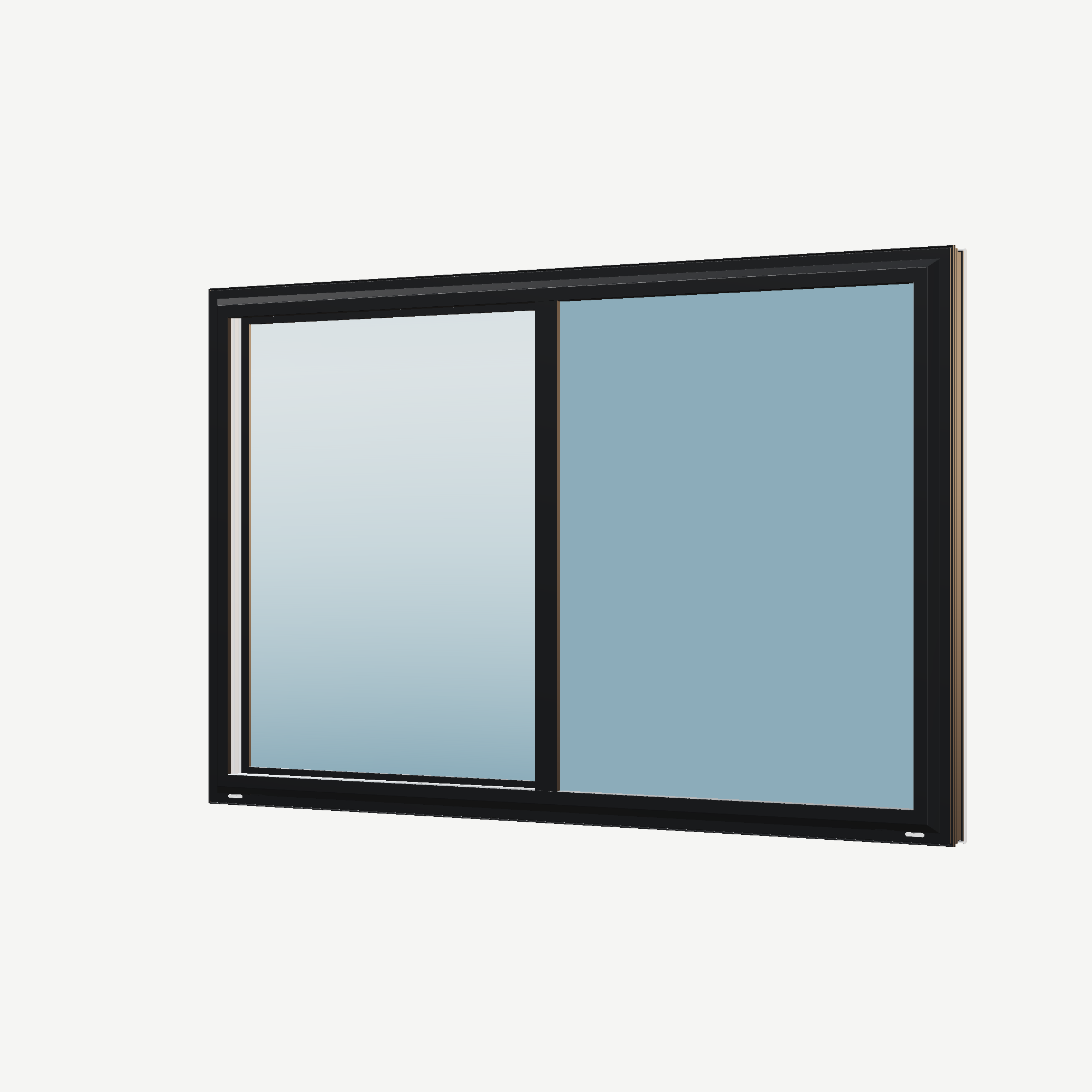 Angled exterior view of the 60 × 40 inch single slider with tilt, black exterior / white interior, without nailing flange