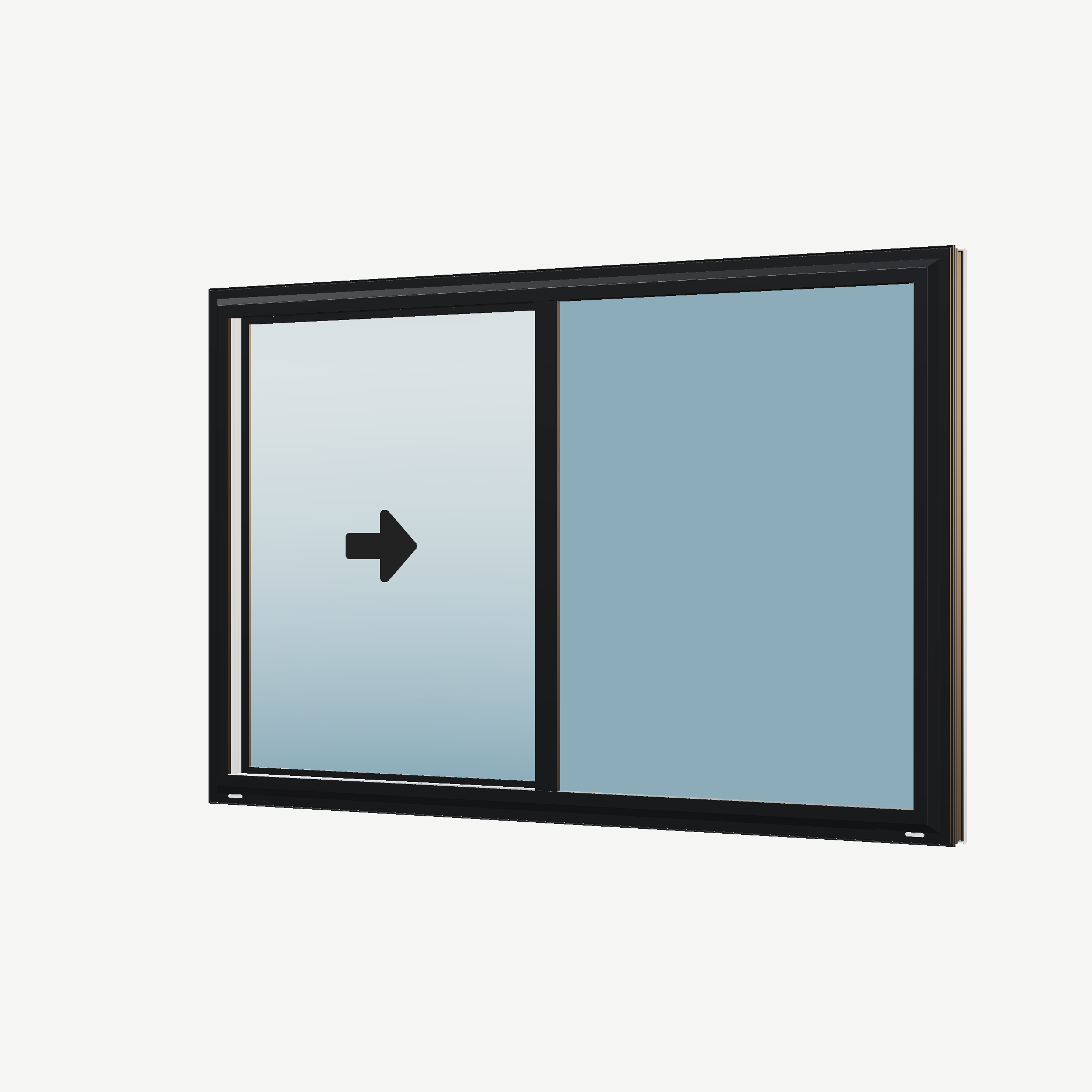 Angled exterior view with opening symbols of the 60 × 40 inch single slider with tilt, black exterior / white interior, without nailing flange