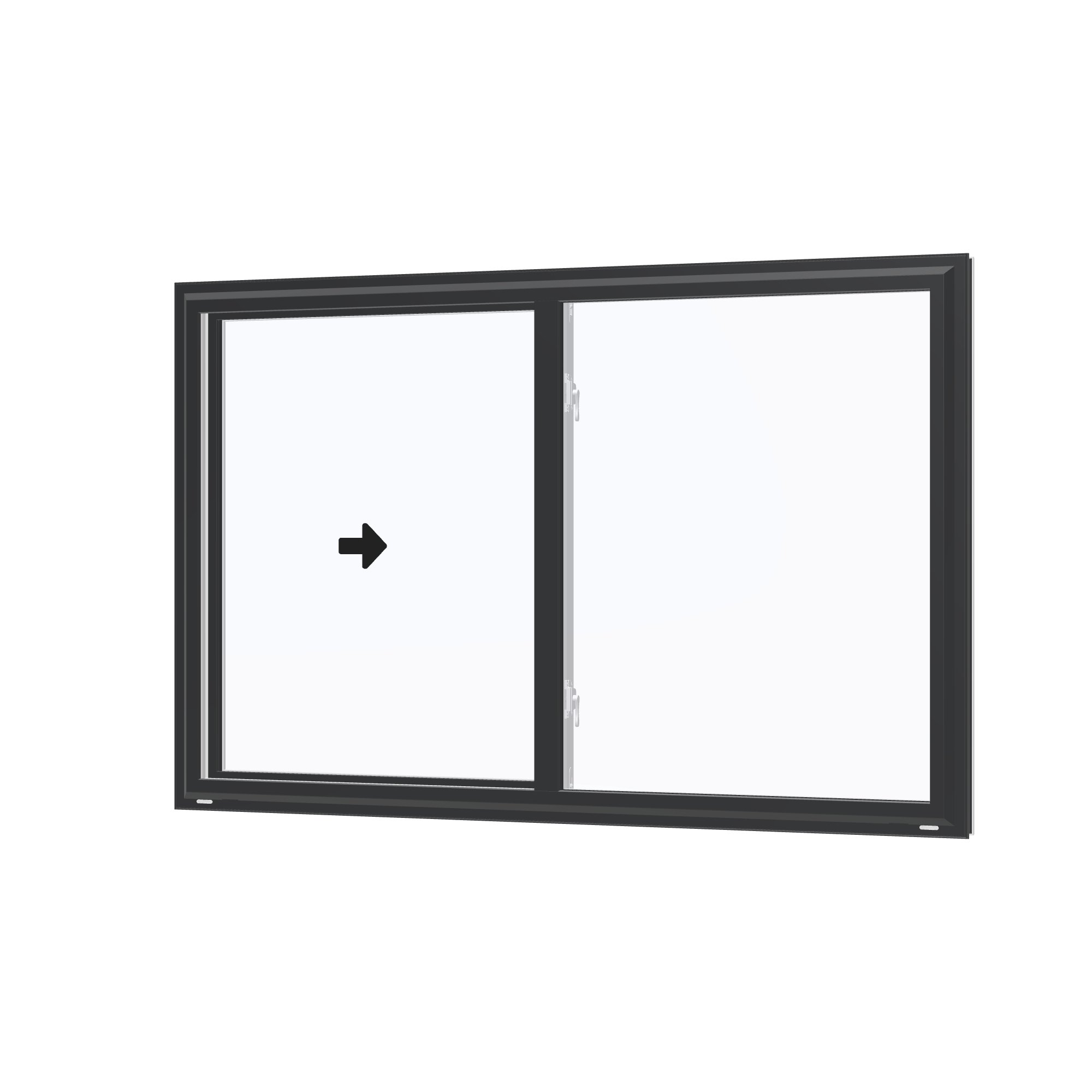 Angled exterior view with opening symbols of the 60 × 40 inch single slider with tilt, black exterior / white interior, without nailing flange