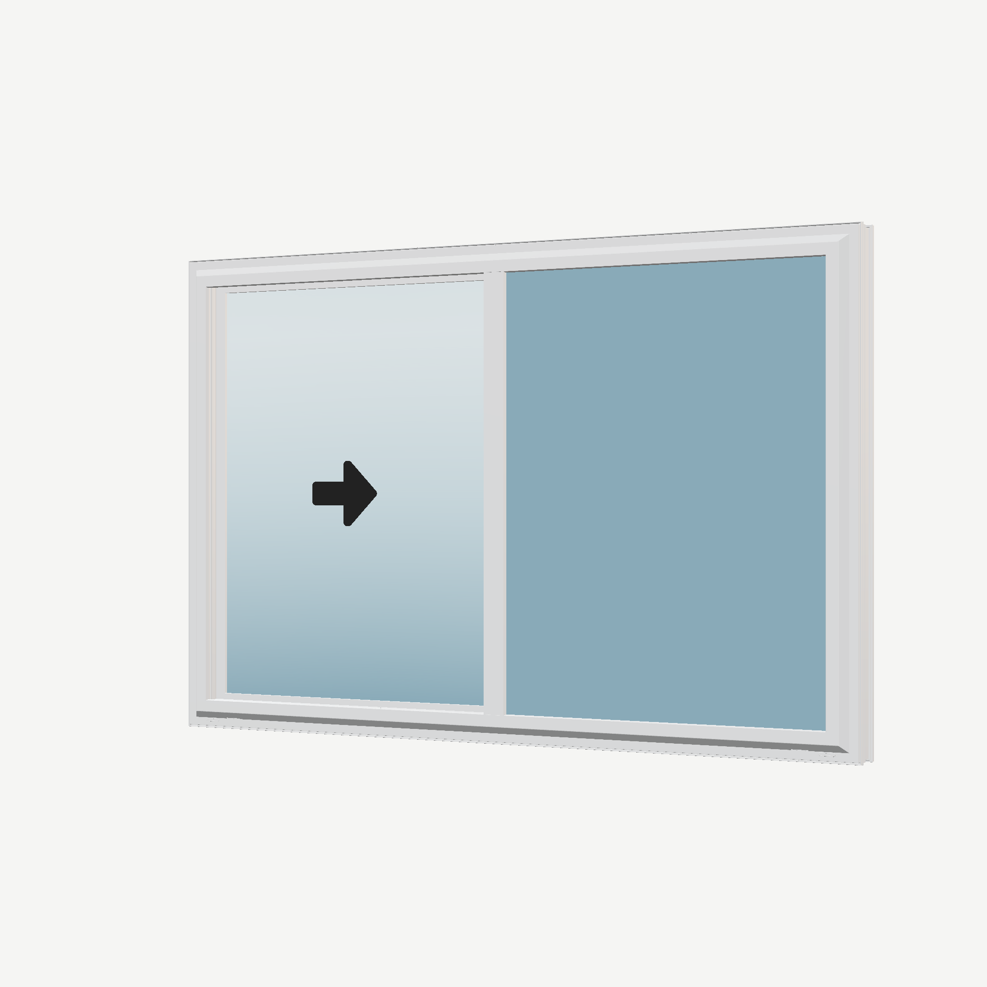 Angled exterior view with opening symbols of the 60 × 40 inch single slider with tilt, white exterior / white interior, without nailing flange