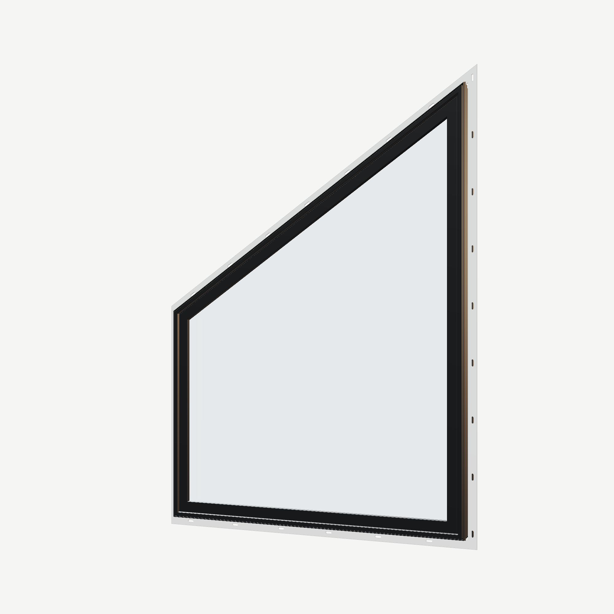 Angled exterior view of the 36 × 48 inch trapezoid (left), black exterior / black interior, with nailing flange