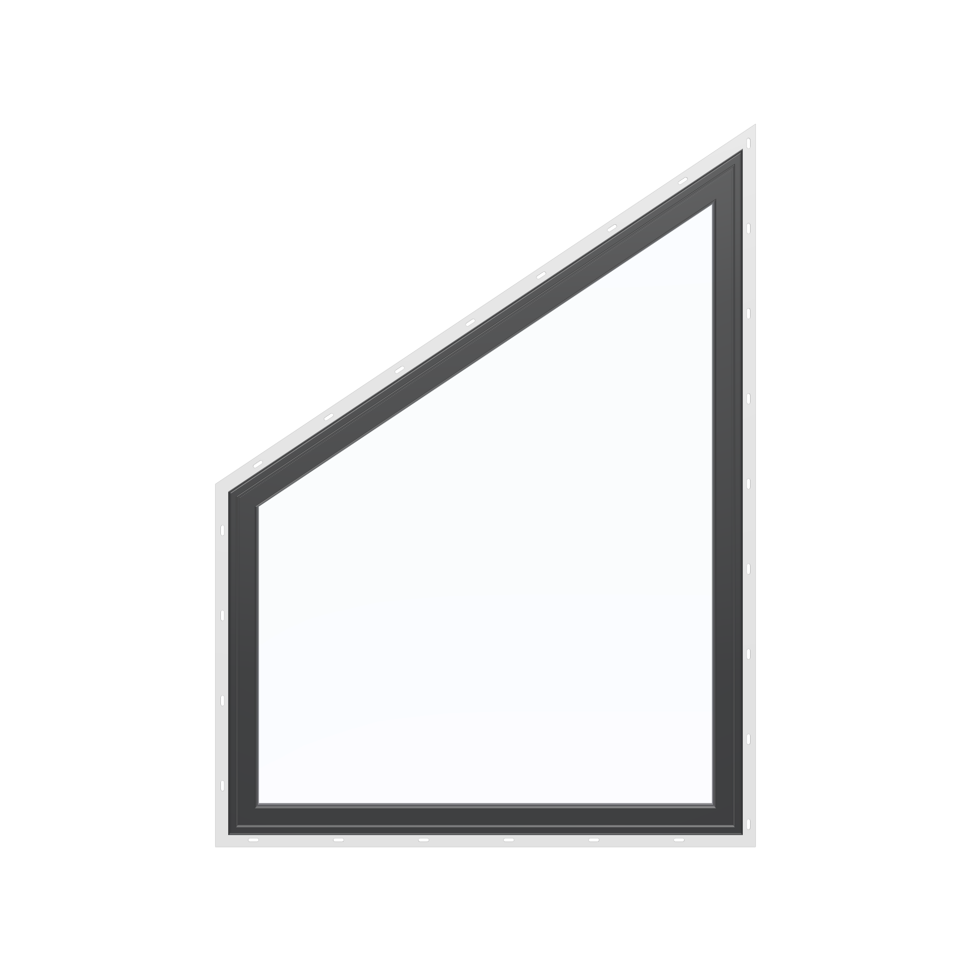 Straight exterior view of the 36 × 48 inch trapezoid (left), black exterior / black interior, with nailing flange