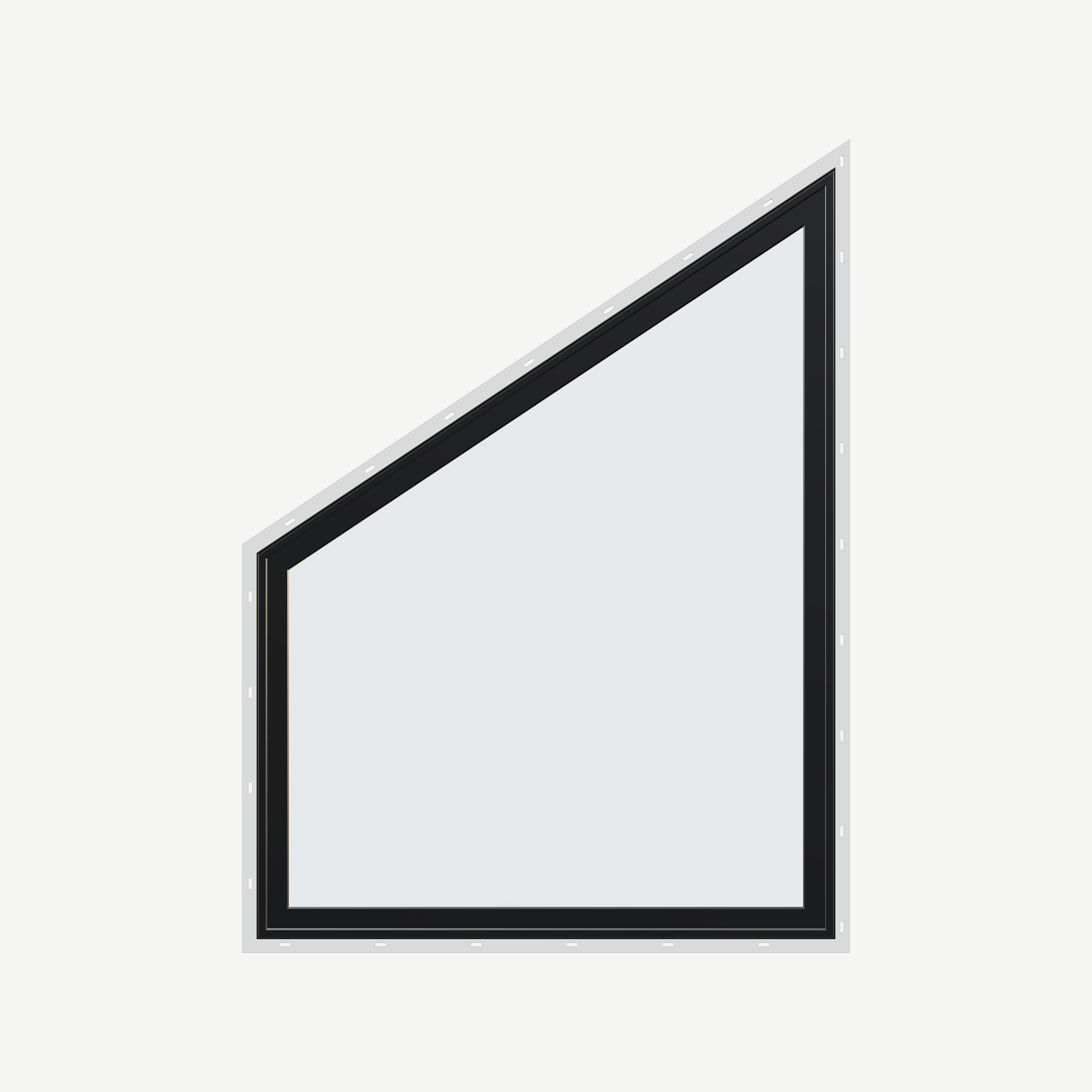 Straight exterior view of the 36 × 48 inch trapezoid (left), black exterior / black interior, with nailing flange