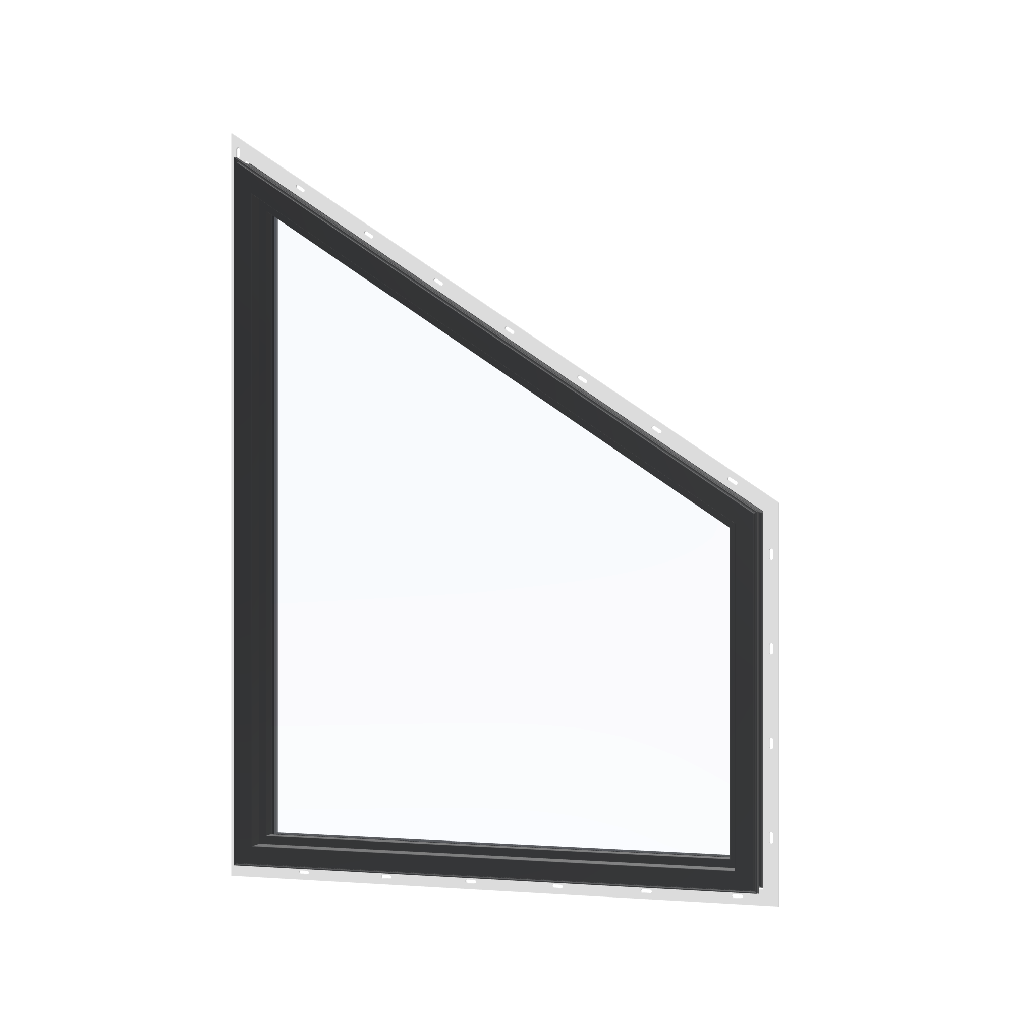 Angled interior view of the 36 × 48 inch trapezoid (left), black exterior / black interior, with nailing flange