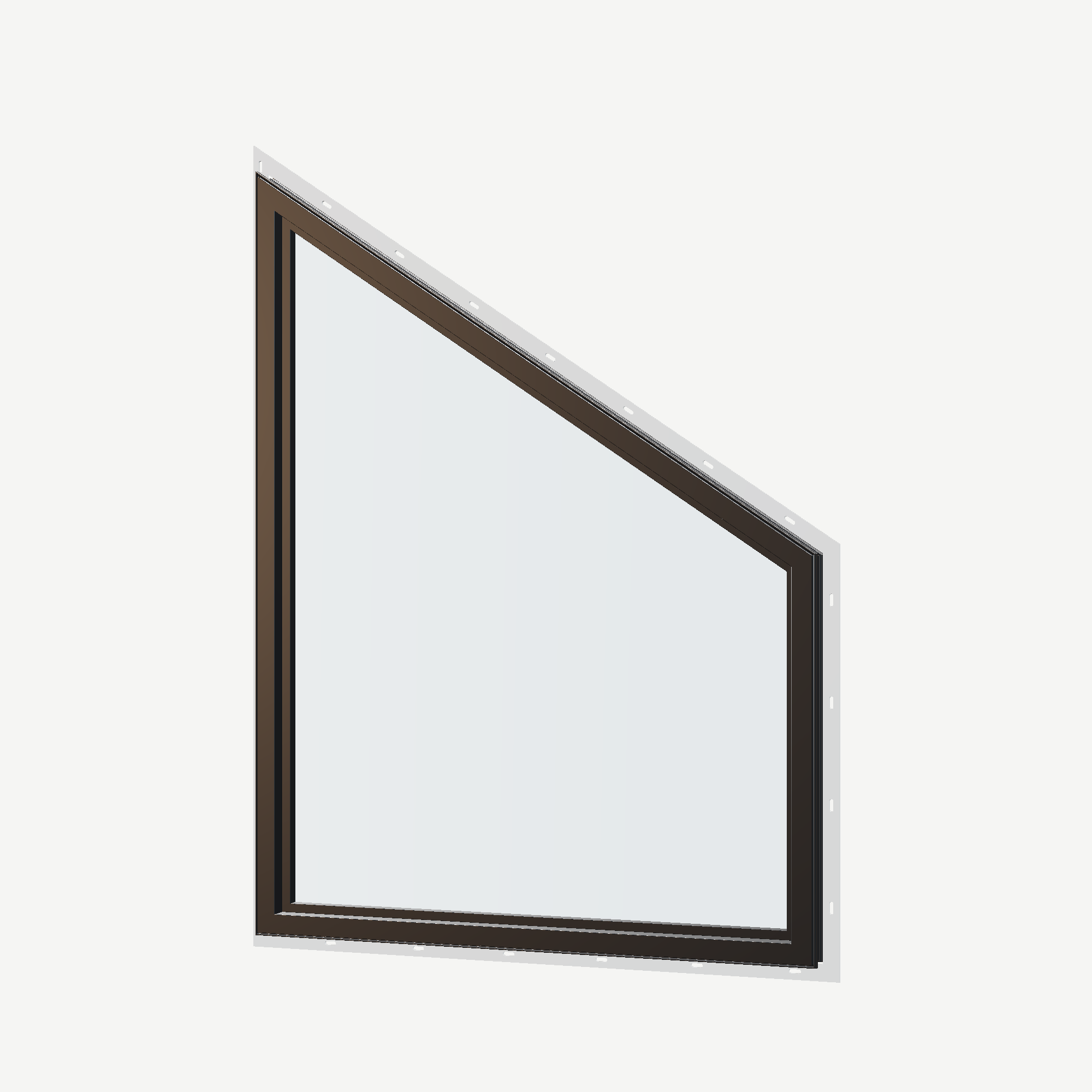 Angled interior view of the 36 × 48 inch trapezoid (left), black exterior / black interior, with nailing flange