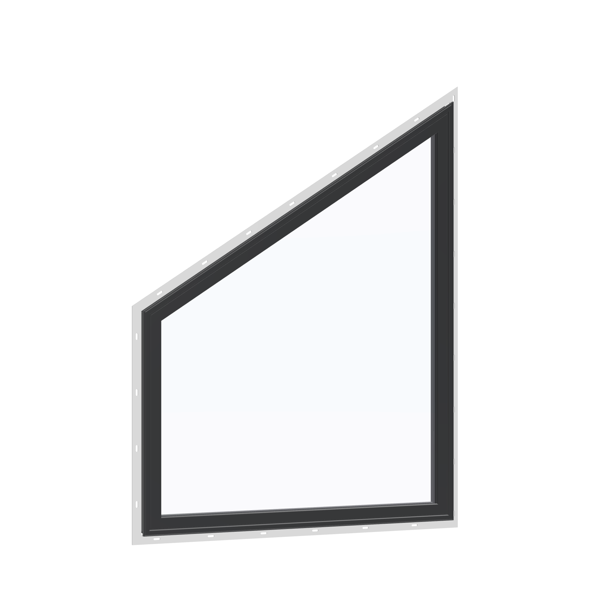 Opposite exterior angle of the 36 × 48 inch trapezoid (left), black exterior / black interior, with nailing flange