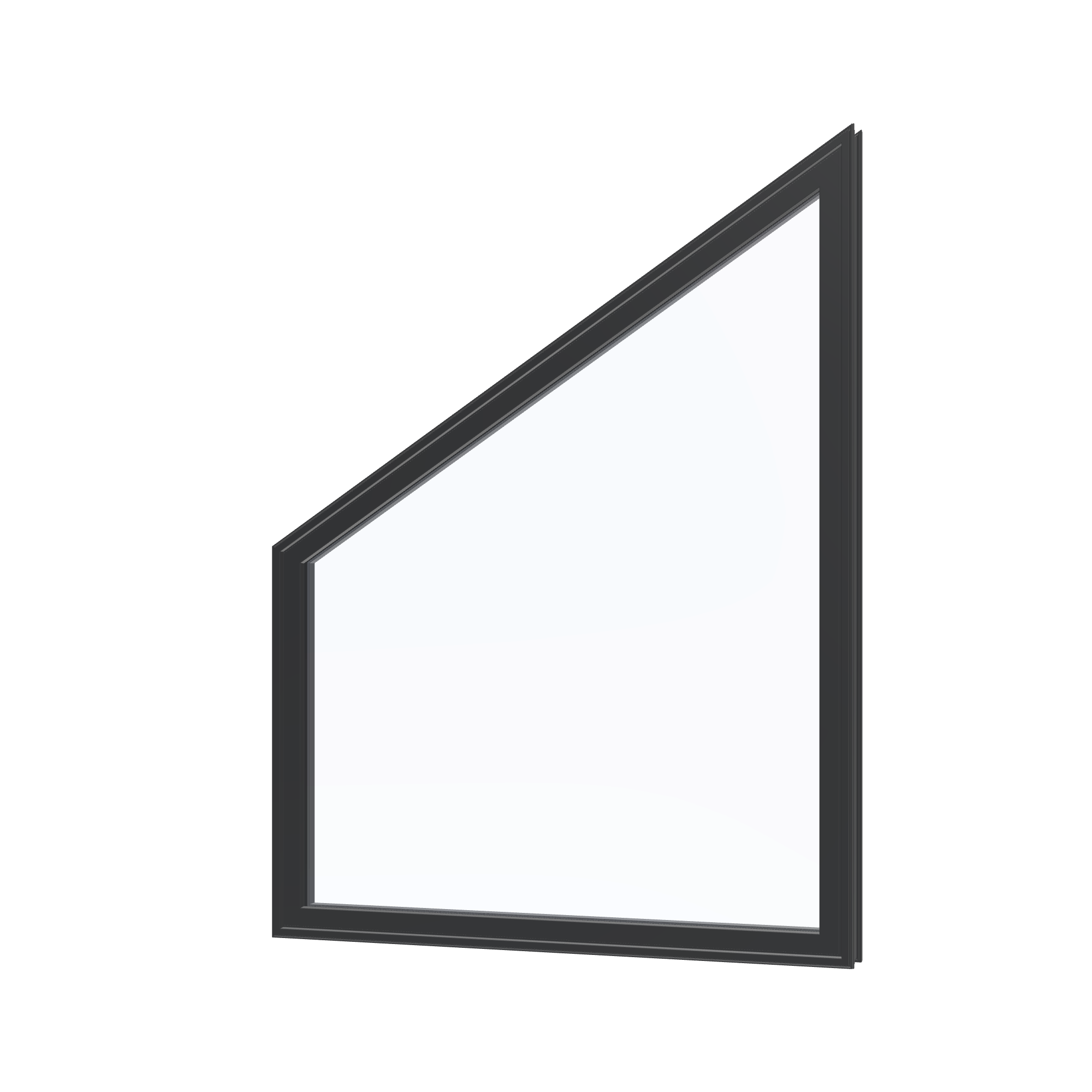 Angled exterior view of the 36 × 48 inch trapezoid (left), black exterior / black interior, without nailing flange