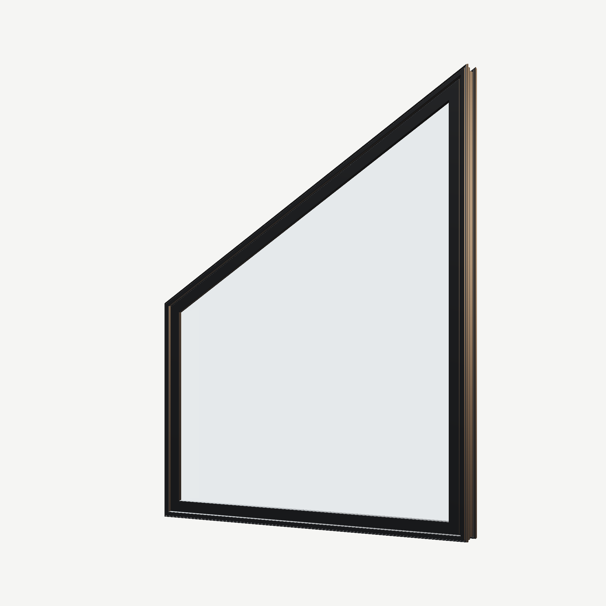 Angled exterior view of the 36 × 48 inch trapezoid (left), black exterior / black interior, without nailing flange