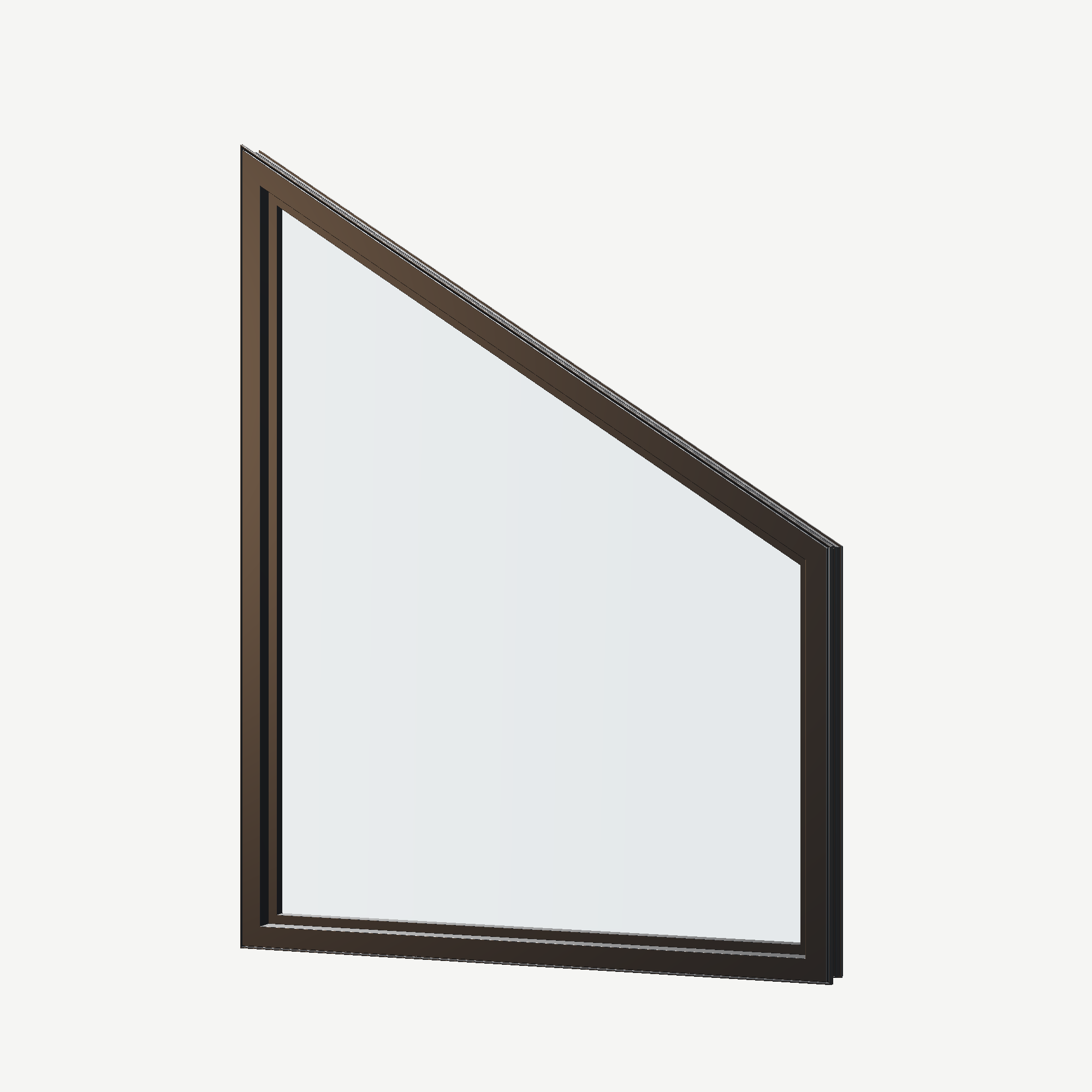 Angled interior view of the 36 × 48 inch trapezoid (left), black exterior / black interior, without nailing flange
