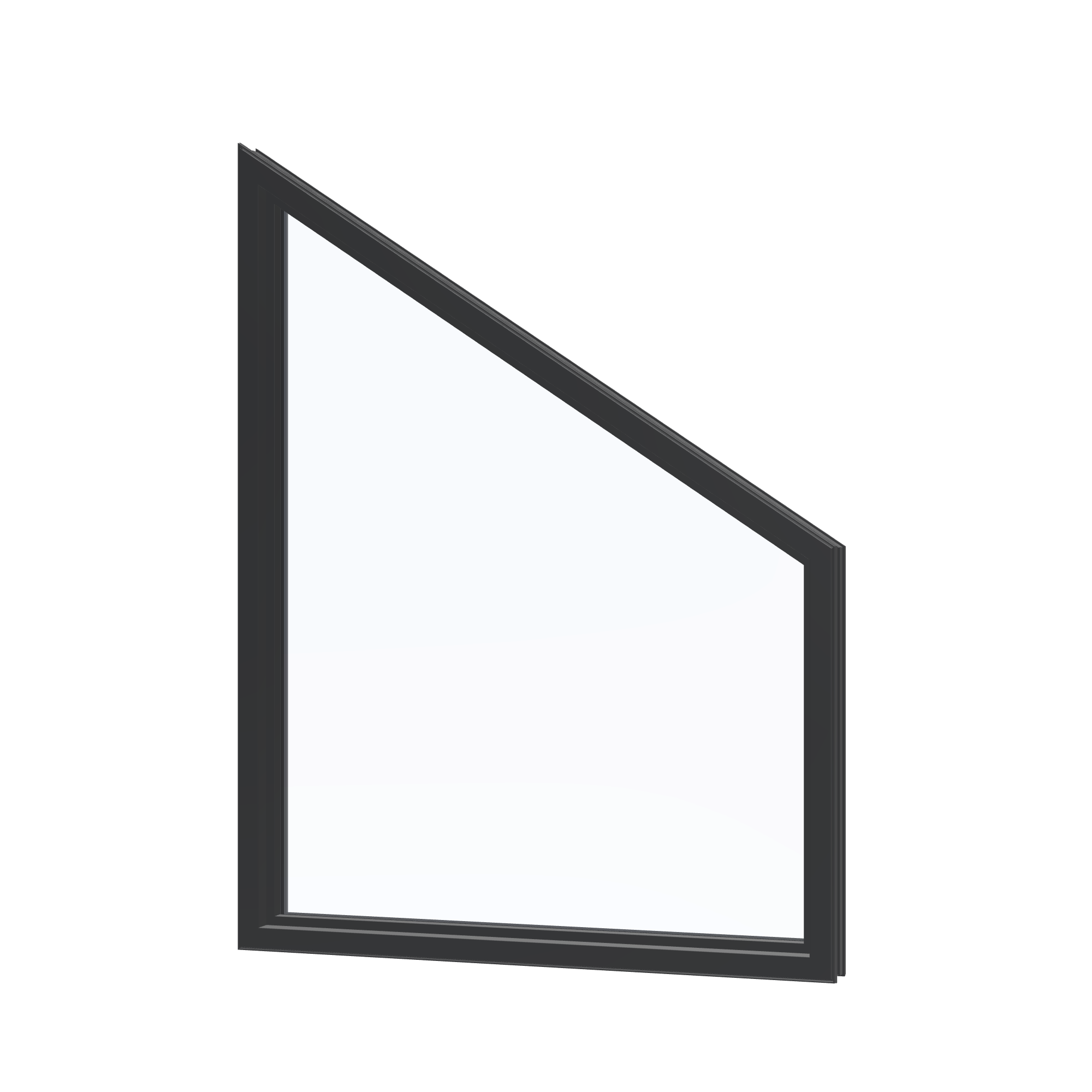 Angled interior view of the 36 × 48 inch trapezoid (left), black exterior / black interior, without nailing flange