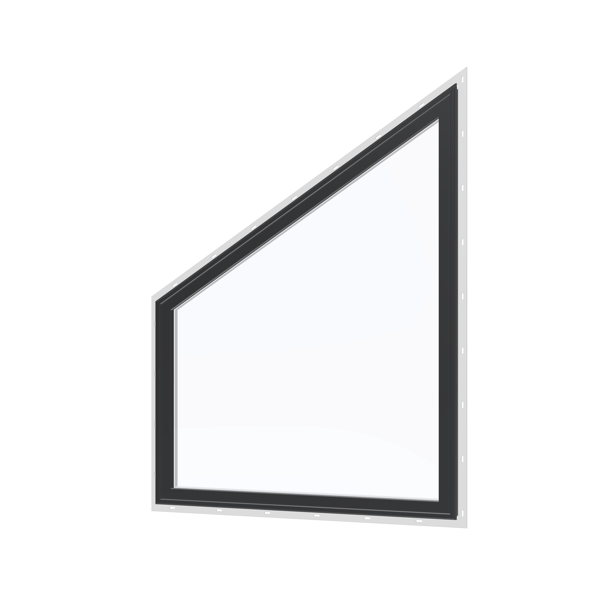 Angled exterior view of the 36 × 48 inch trapezoid (left), black exterior / white interior, with nailing flange