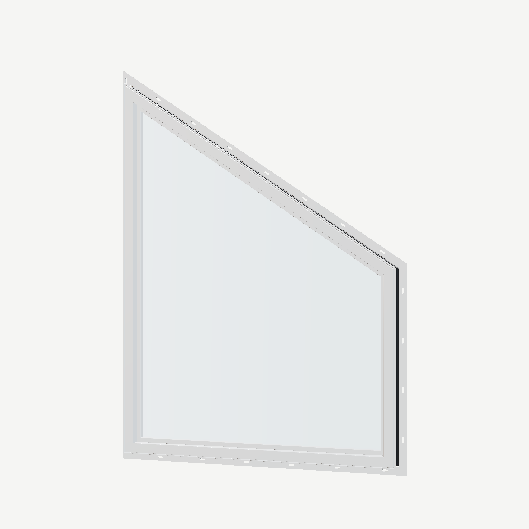 Angled interior view of the 36 × 48 inch trapezoid (left), black exterior / white interior, with nailing flange