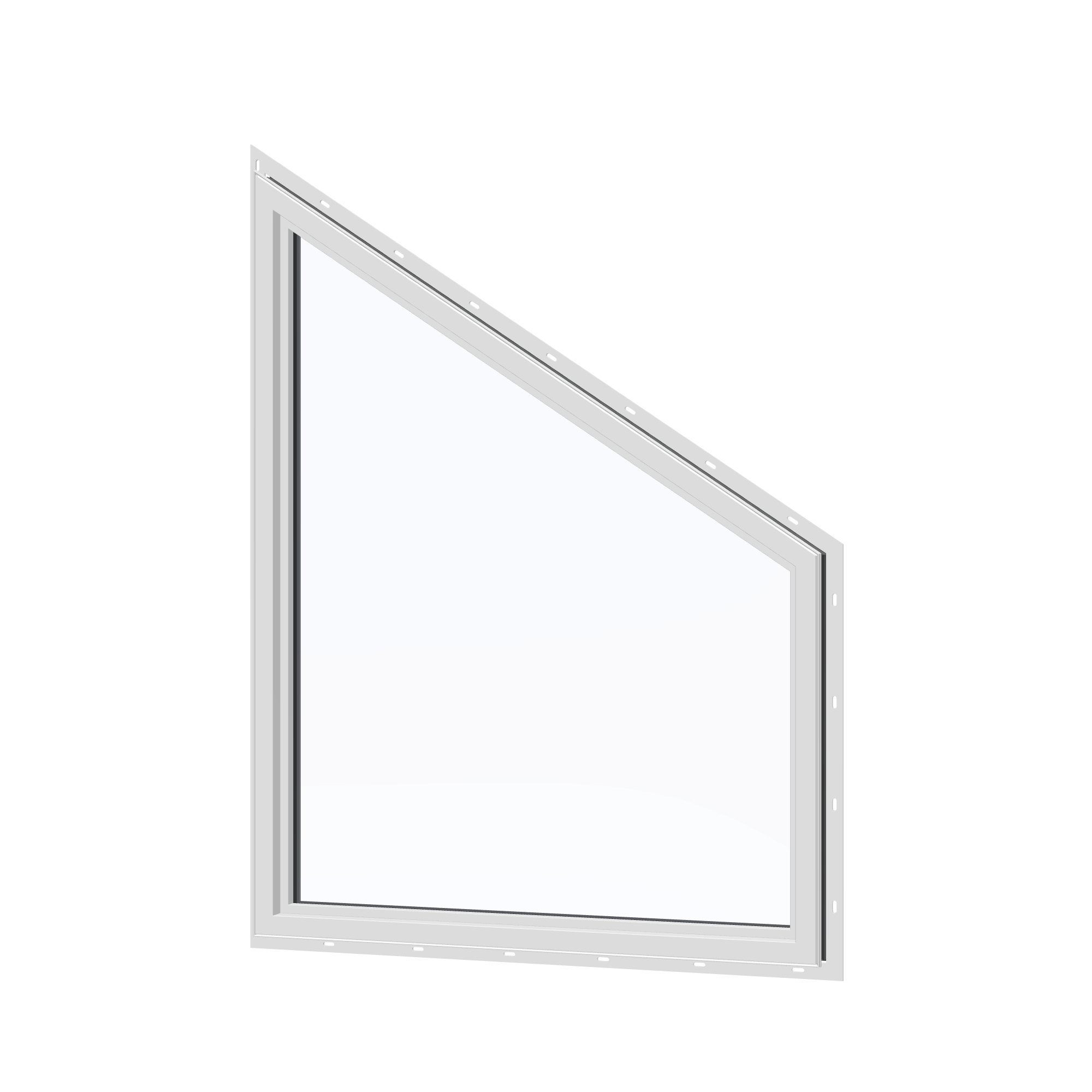 Angled interior view of the 36 × 48 inch trapezoid (left), black exterior / white interior, with nailing flange