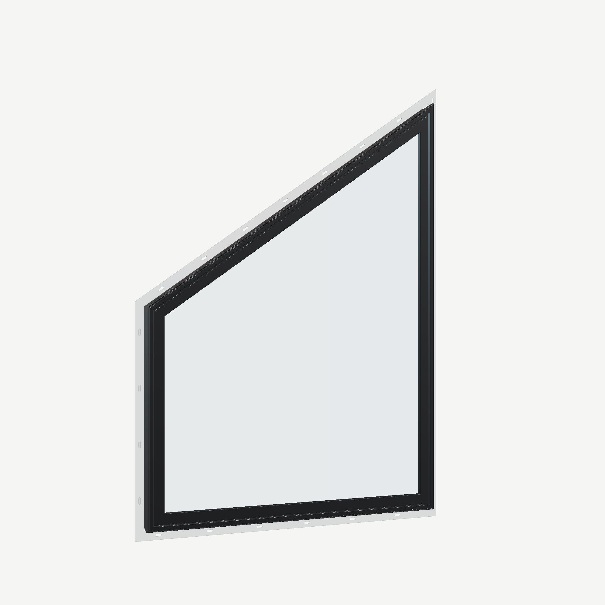 Opposite exterior angle of the 36 × 48 inch trapezoid (left), black exterior / white interior, with nailing flange