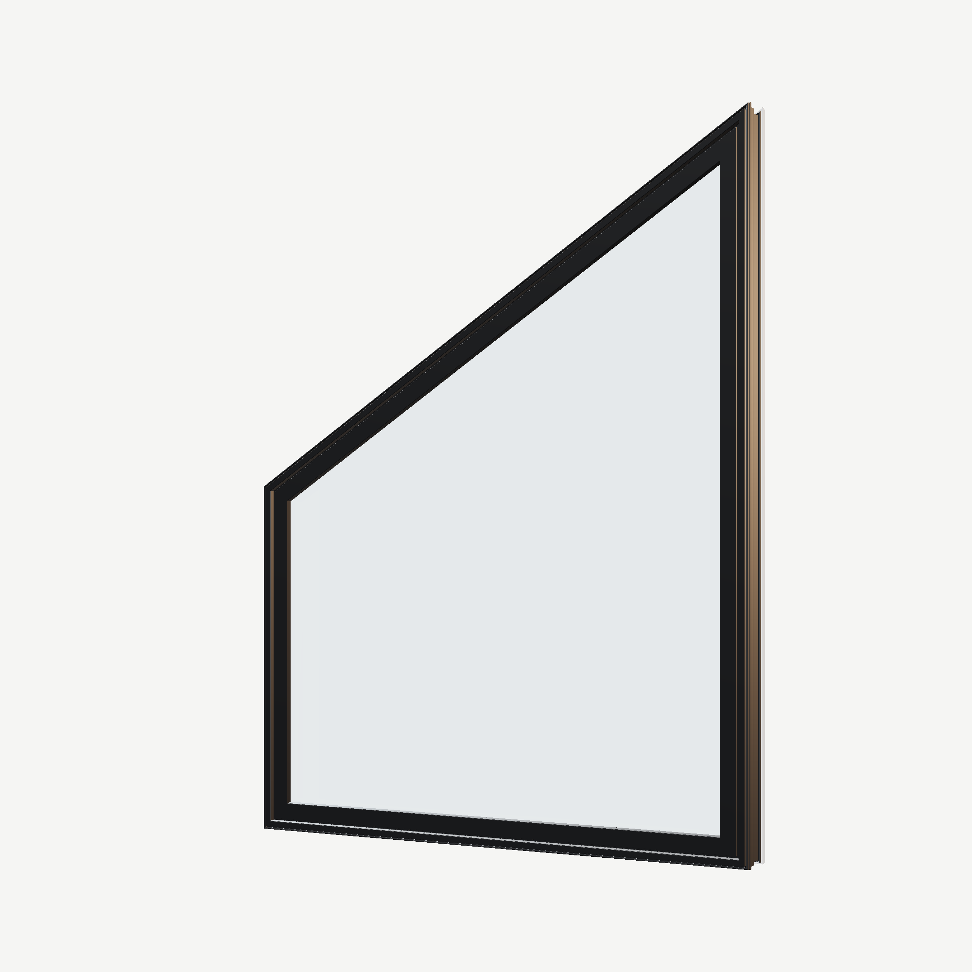 Angled exterior view of the 36 × 48 inch trapezoid (left), black exterior / white interior, without nailing flange