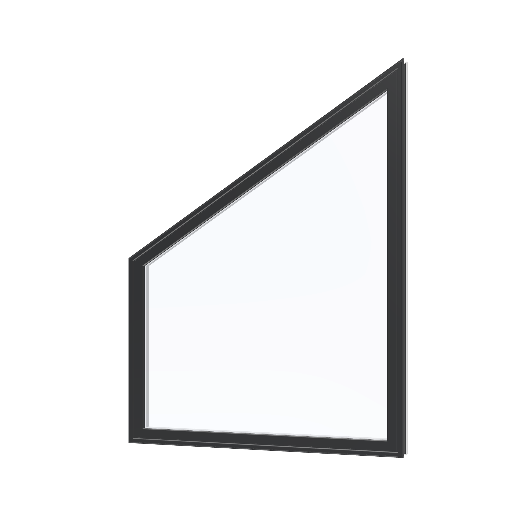 Angled exterior view of the 36 × 48 inch trapezoid (left), black exterior / white interior, without nailing flange
