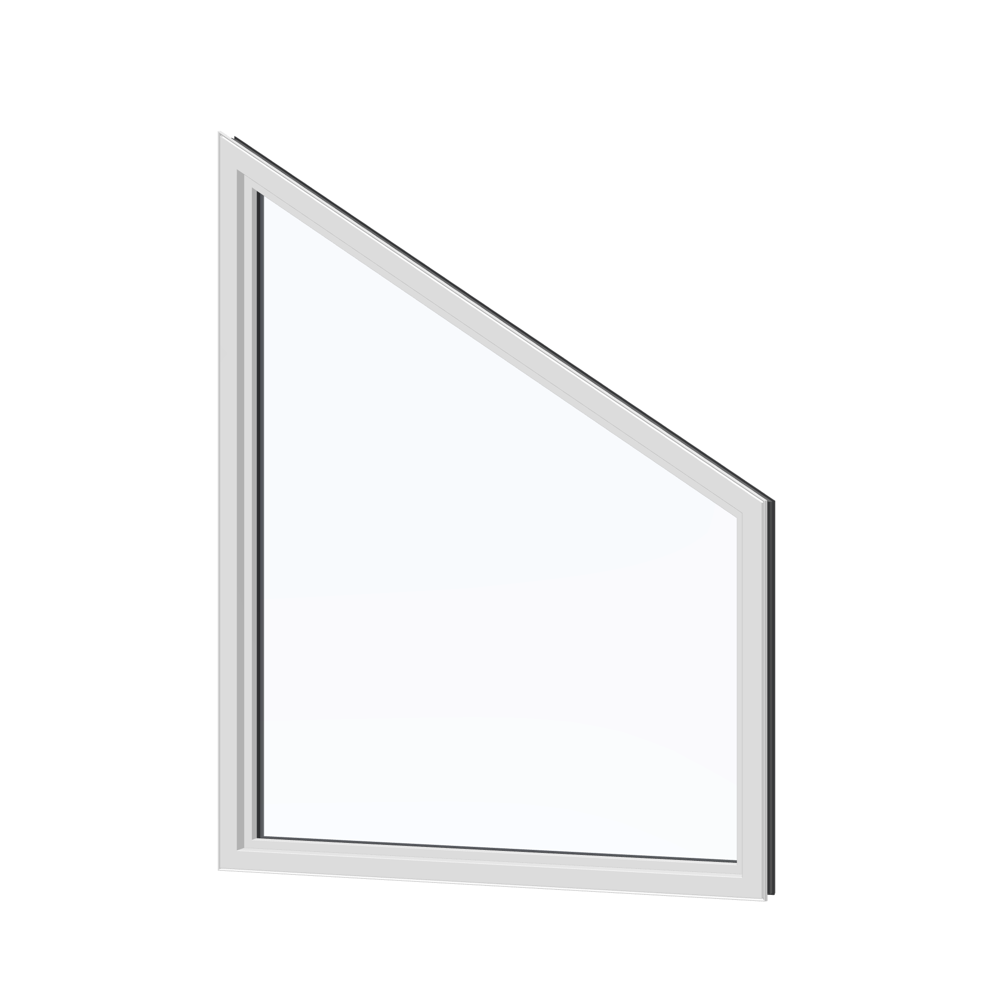 Angled interior view of the 36 × 48 inch trapezoid (left), black exterior / white interior, without nailing flange