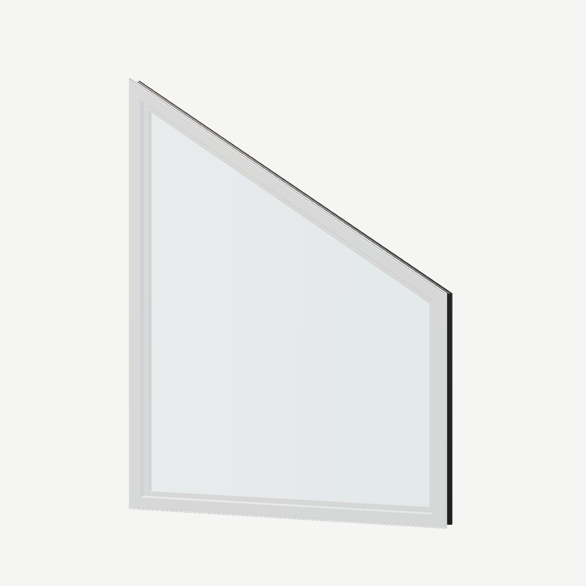 Angled interior view of the 36 × 48 inch trapezoid (left), black exterior / white interior, without nailing flange