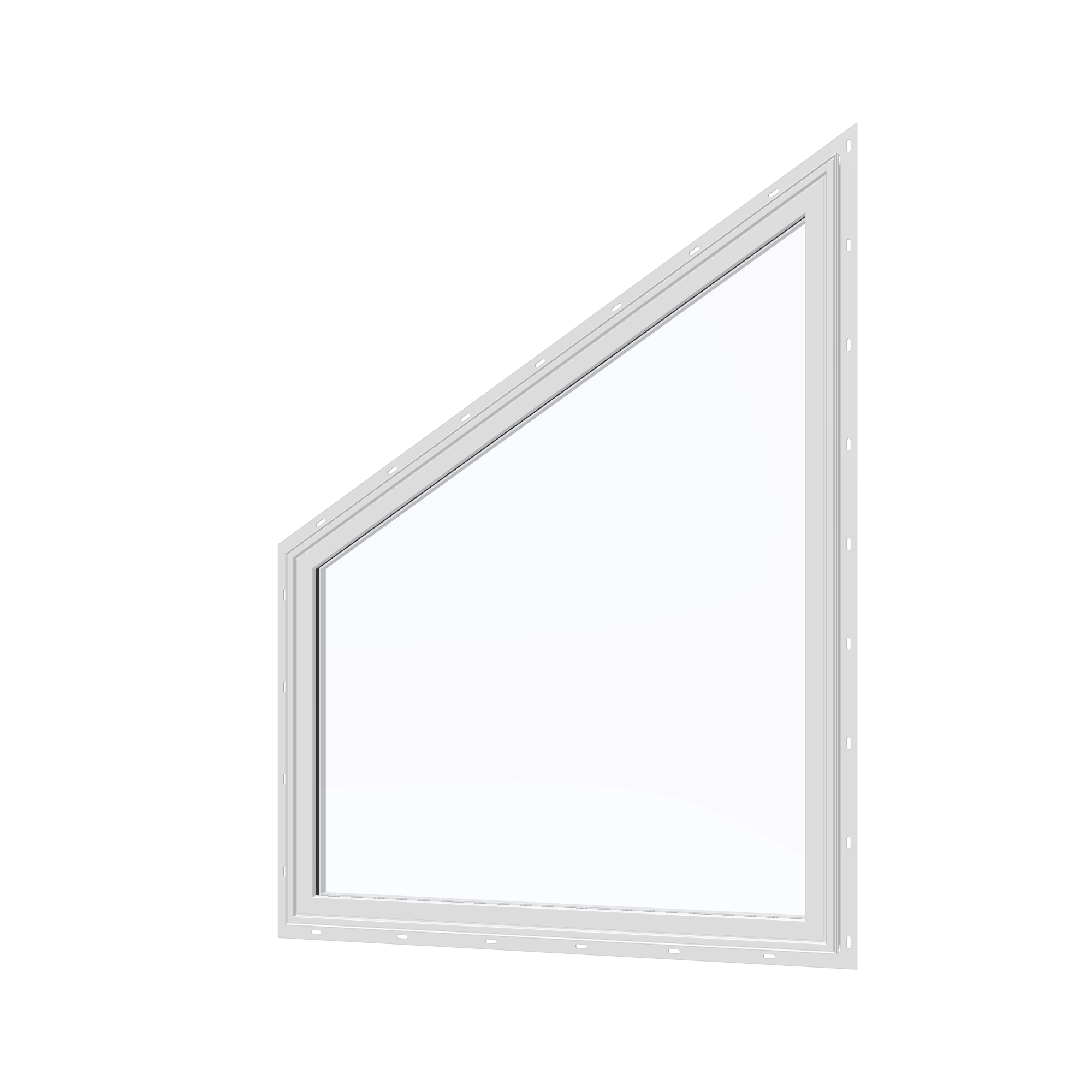 Angled exterior view of the 36 × 48 inch trapezoid (left), white exterior / white interior, with nailing flange