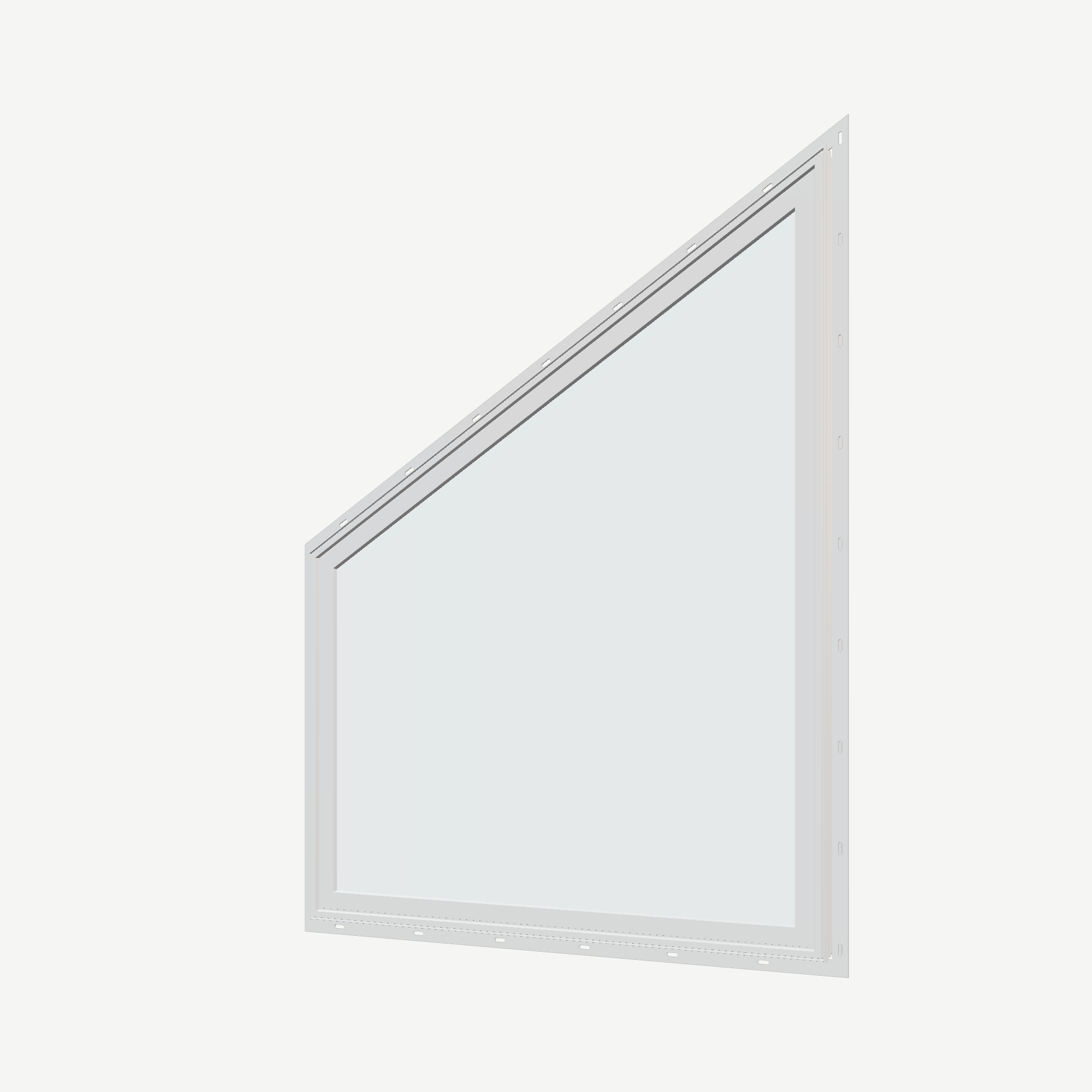 Angled exterior view of the 36 × 48 inch trapezoid (left), white exterior / white interior, with nailing flange