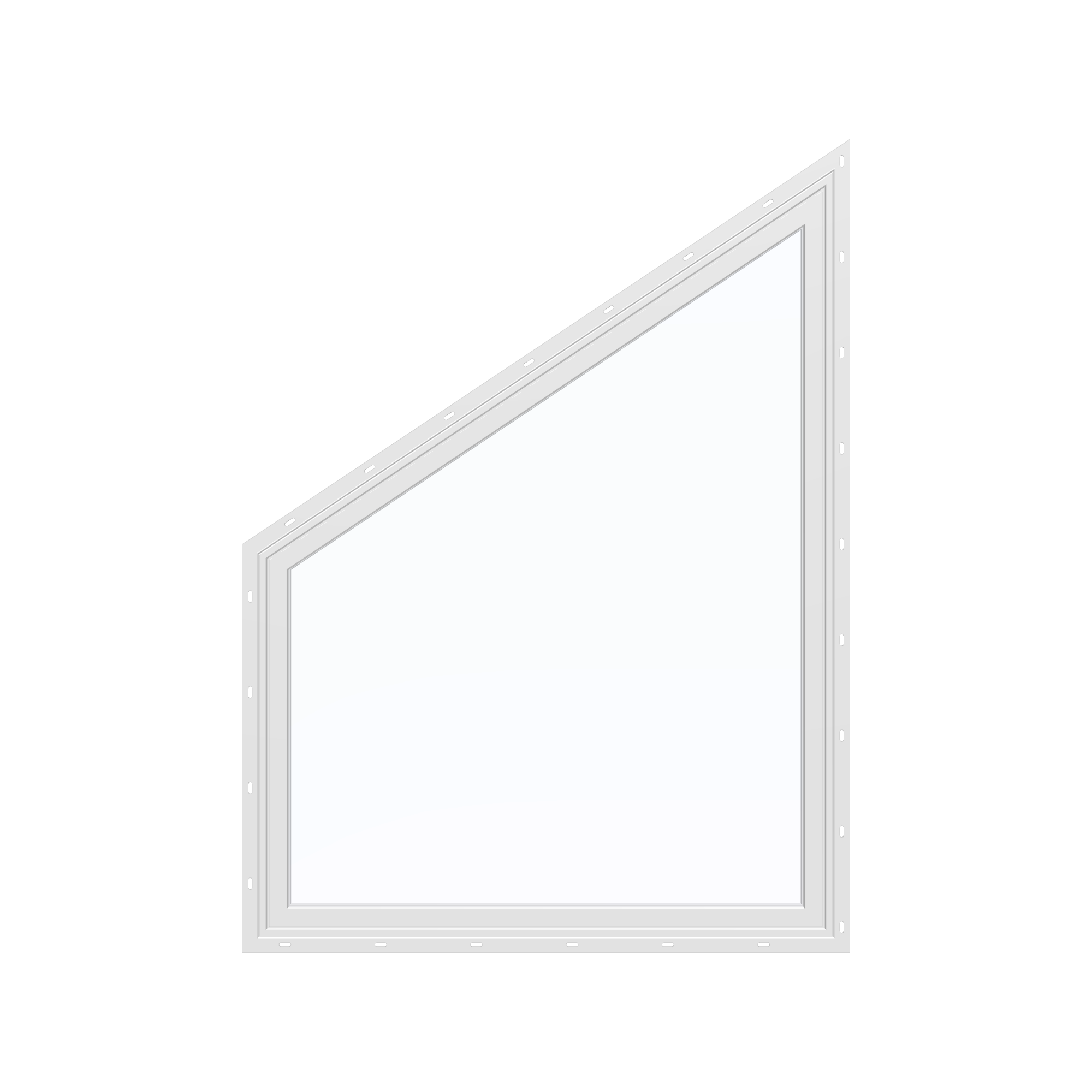 Straight exterior view of the 36 × 48 inch trapezoid (left), white exterior / white interior, with nailing flange