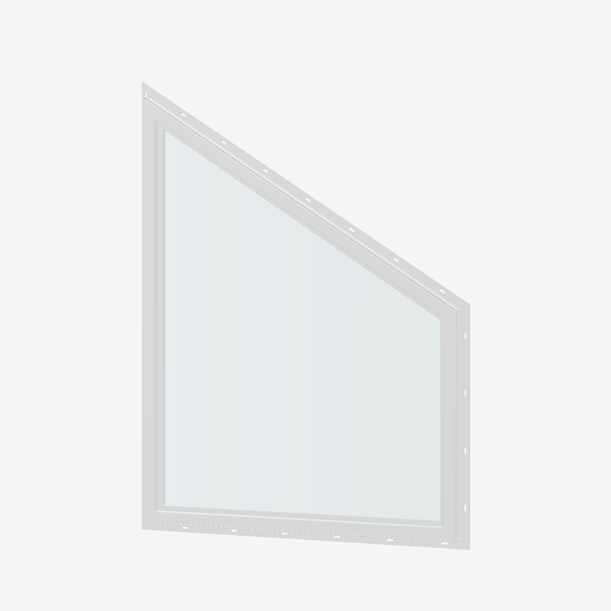 Angled interior view of the 36 × 48 inch trapezoid (left), white exterior / white interior, with nailing flange