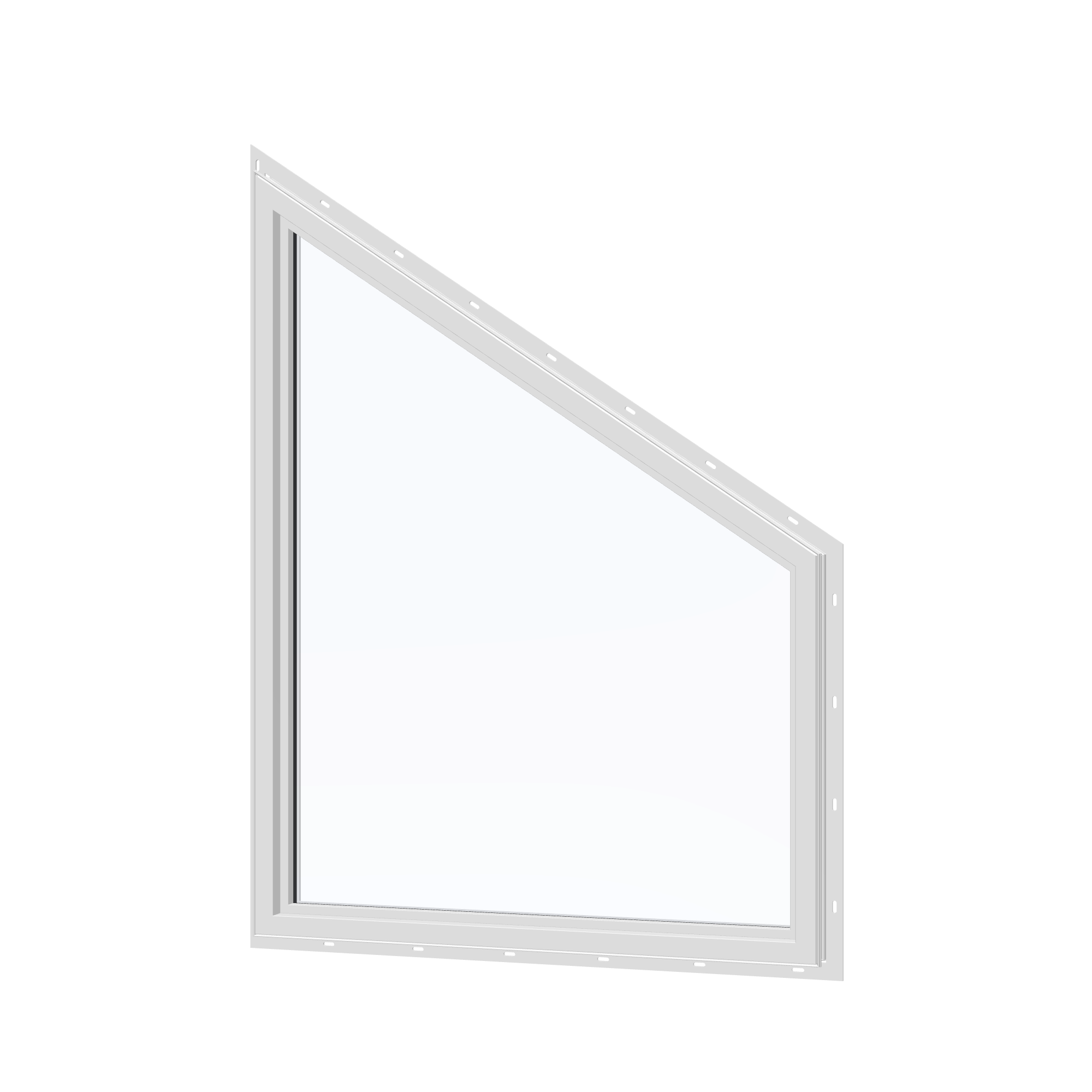 Angled interior view of the 36 × 48 inch trapezoid (left), white exterior / white interior, with nailing flange