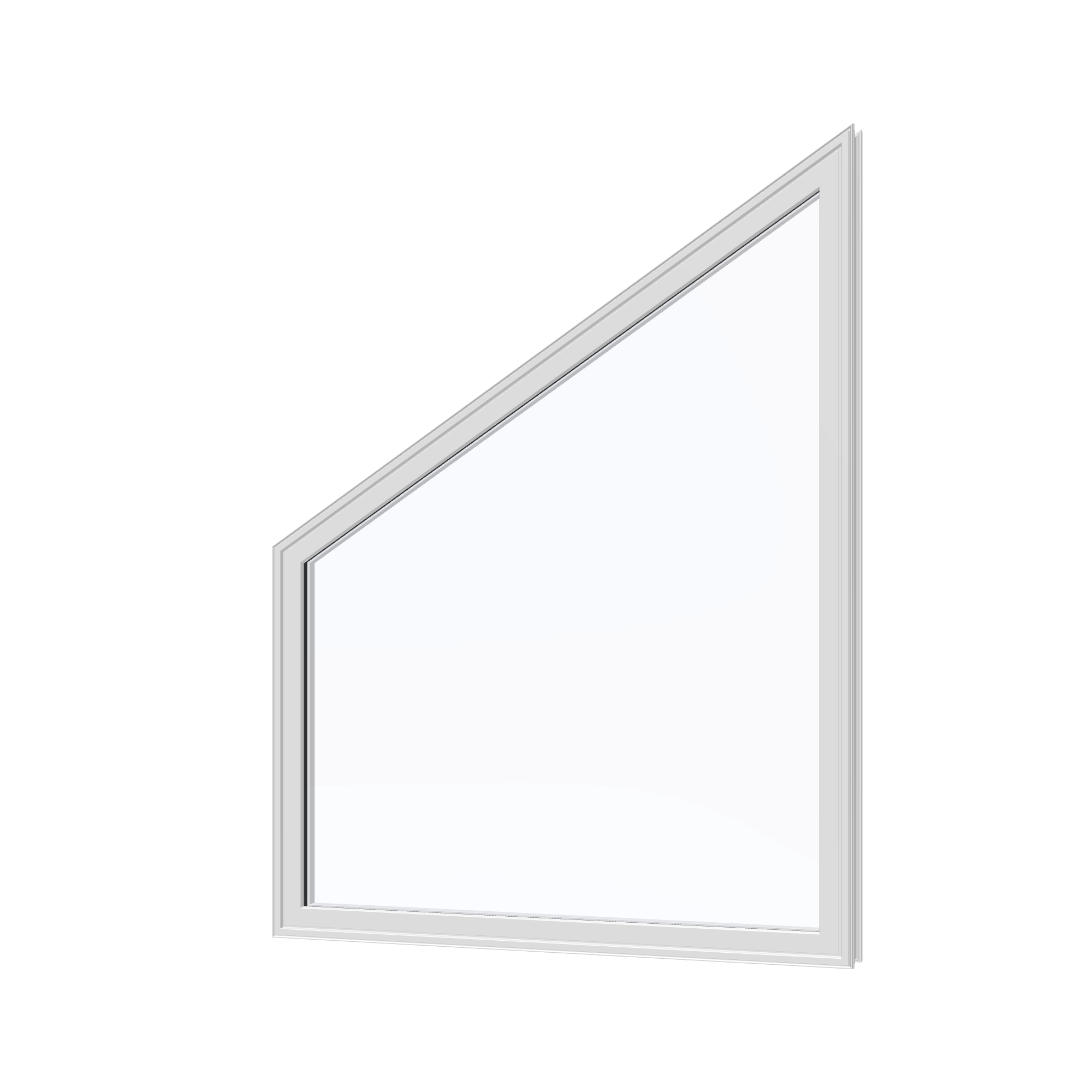 Angled exterior view of the 36 × 48 inch trapezoid (left), white exterior / white interior, without nailing flange