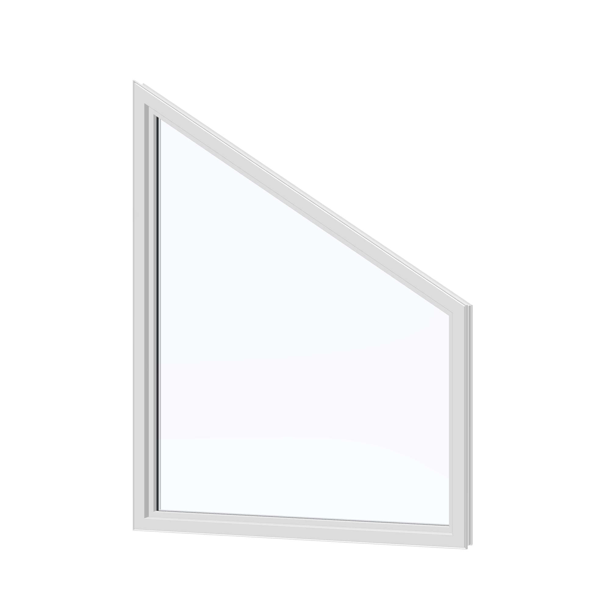 Angled interior view of the 36 × 48 inch trapezoid (left), white exterior / white interior, without nailing flange