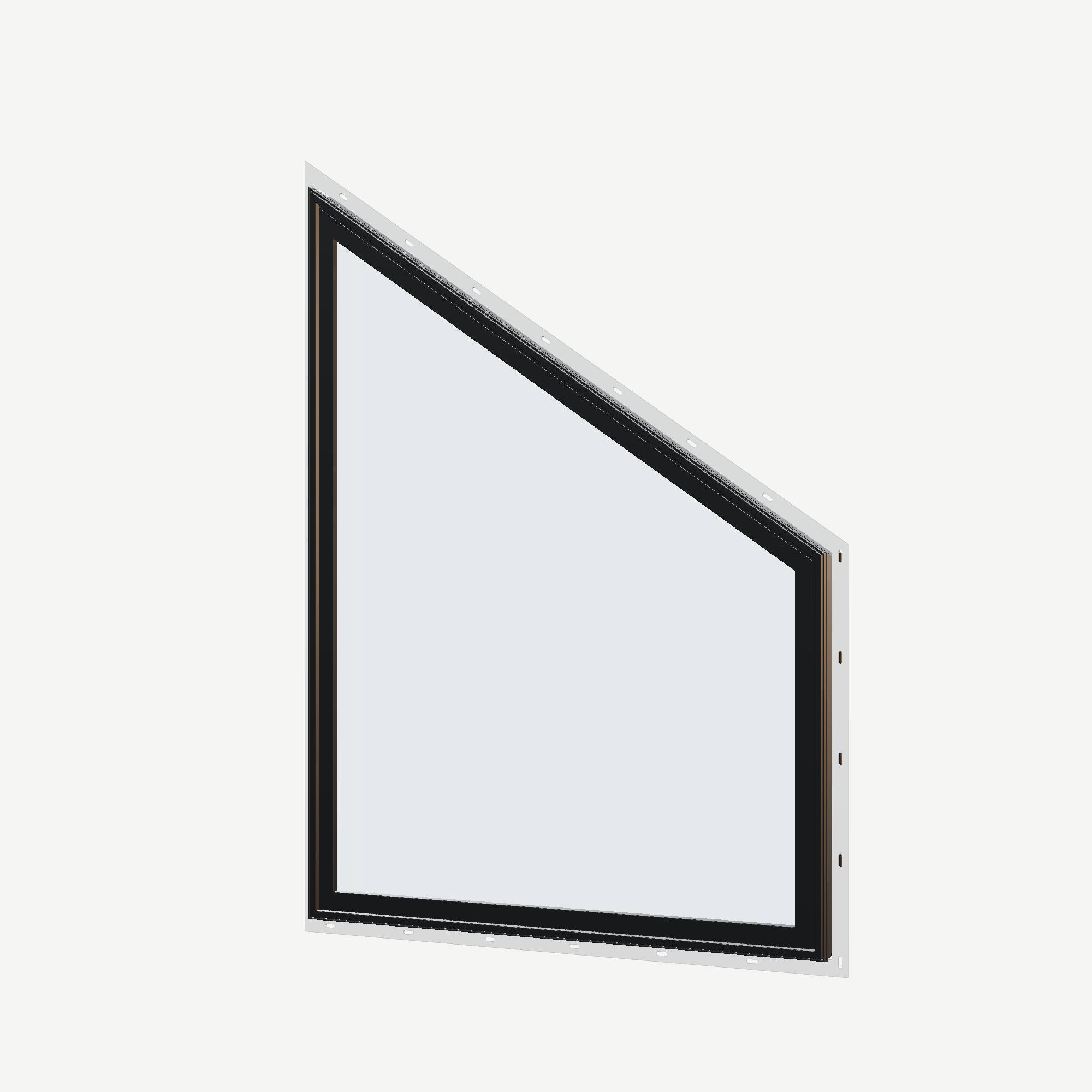 Angled exterior view of the 36 × 48 inch trapezoid (right), black exterior / black interior, with nailing flange