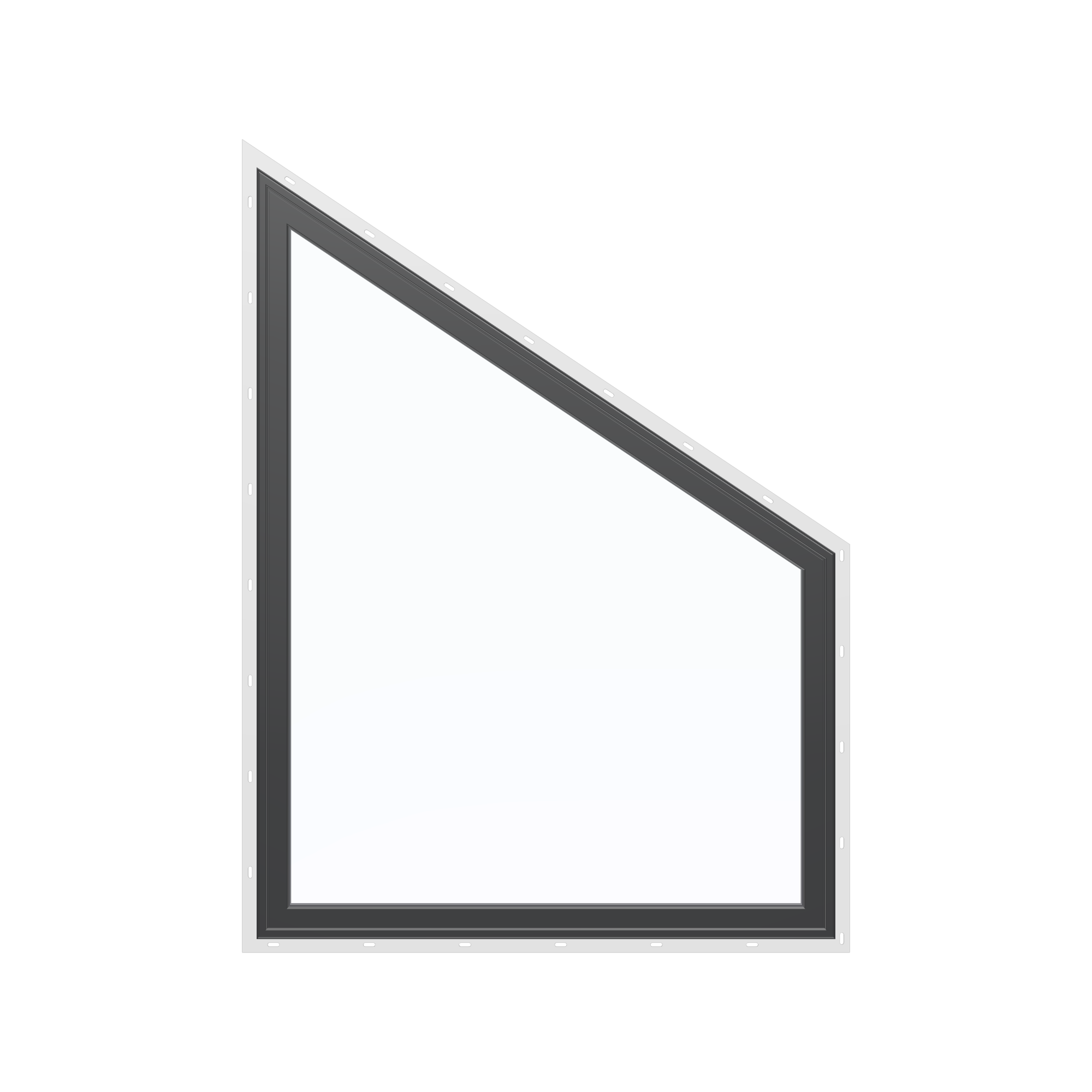 Straight exterior view of the 36 × 48 inch trapezoid (right), black exterior / black interior, with nailing flange