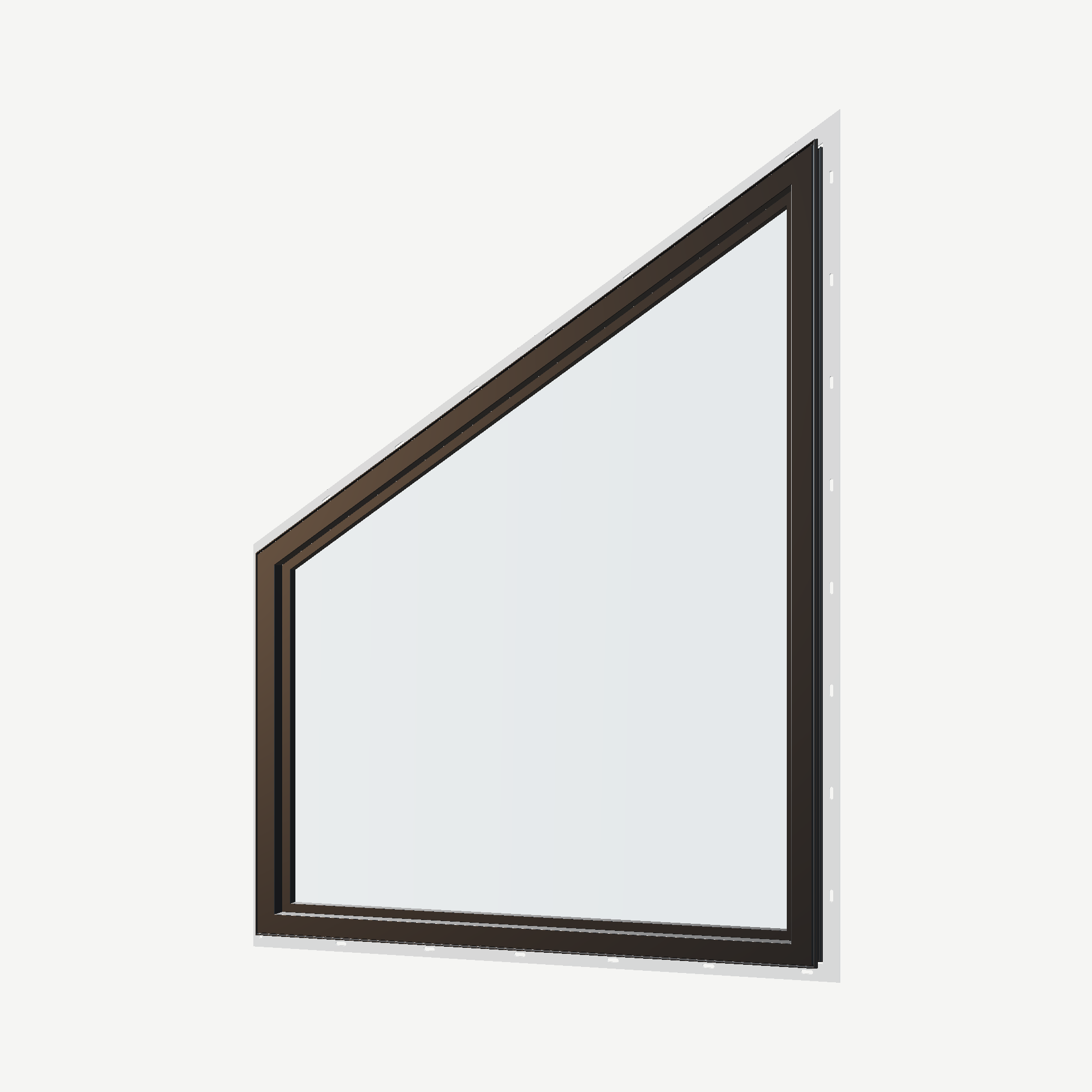 Angled interior view of the 36 × 48 inch trapezoid (right), black exterior / black interior, with nailing flange