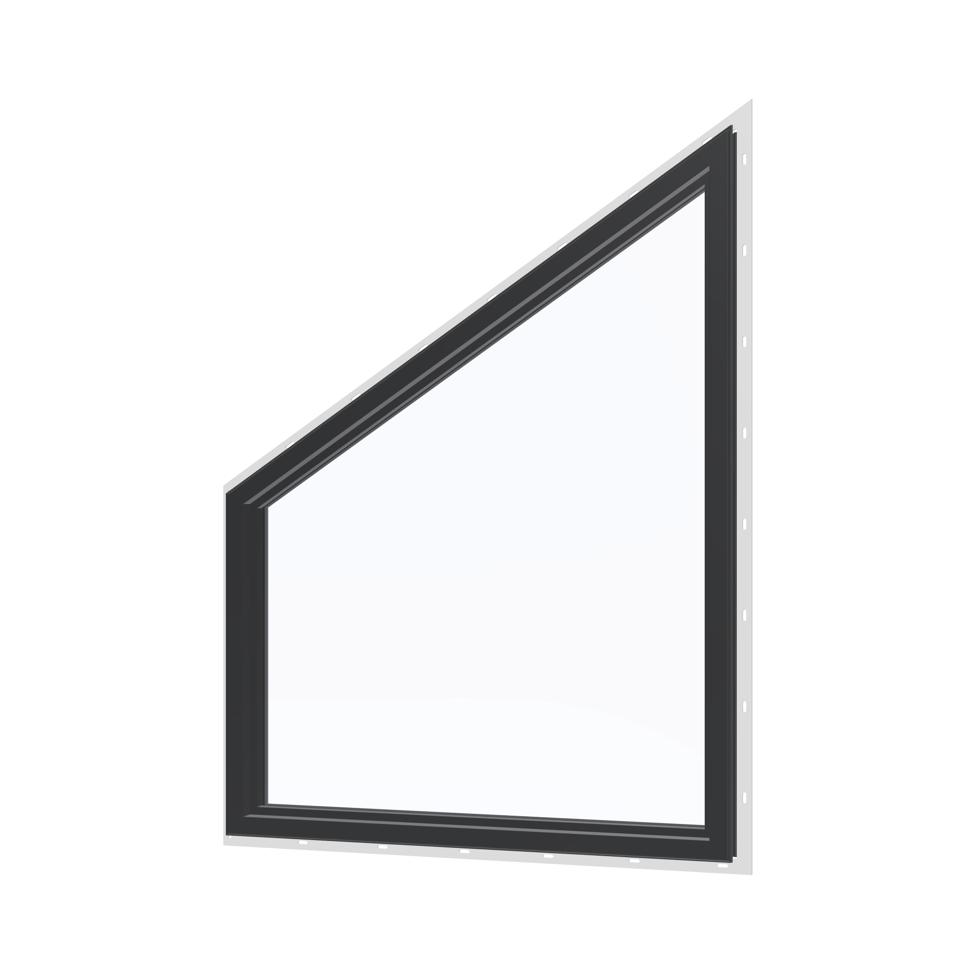 Angled interior view of the 36 × 48 inch trapezoid (right), black exterior / black interior, with nailing flange